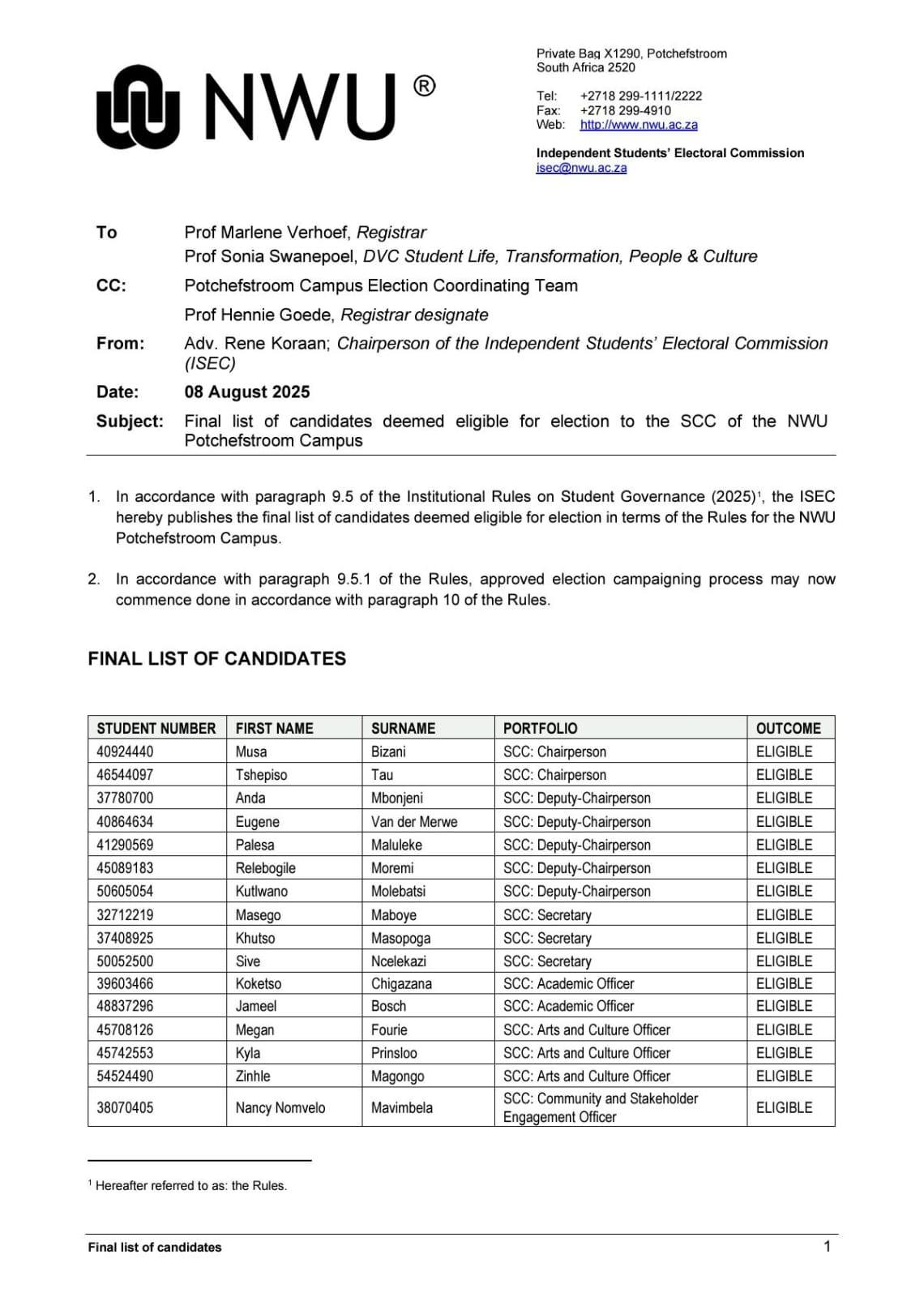 FINAL LIST OF CANDIDATES DEEMED... - NWU-Pukke KSR / SCC | Facebook