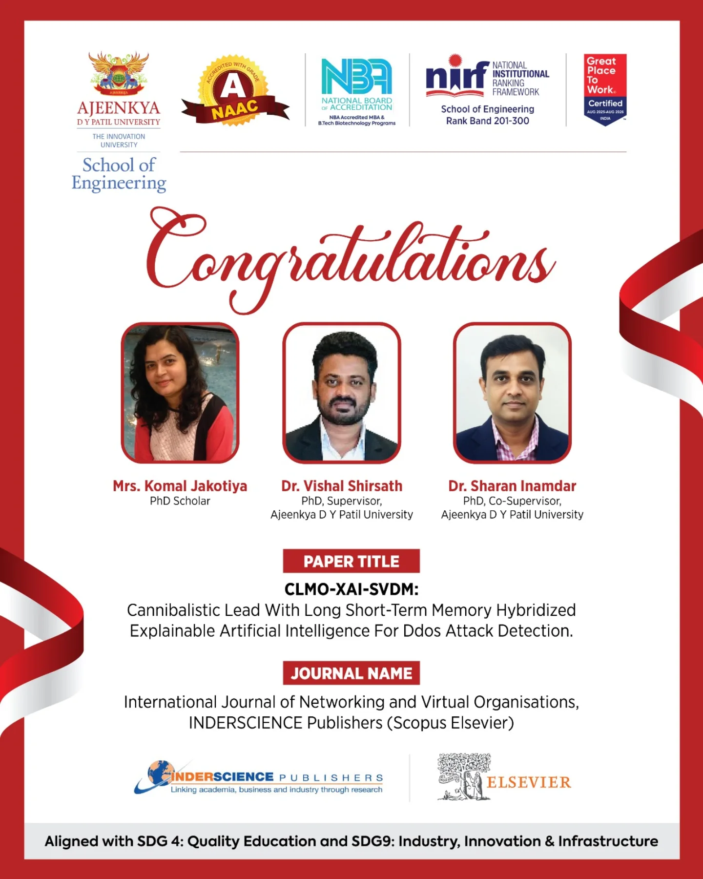 Ajeenkya - We are delighted to share that our Ph.D. scholar, Ms. Komal ...