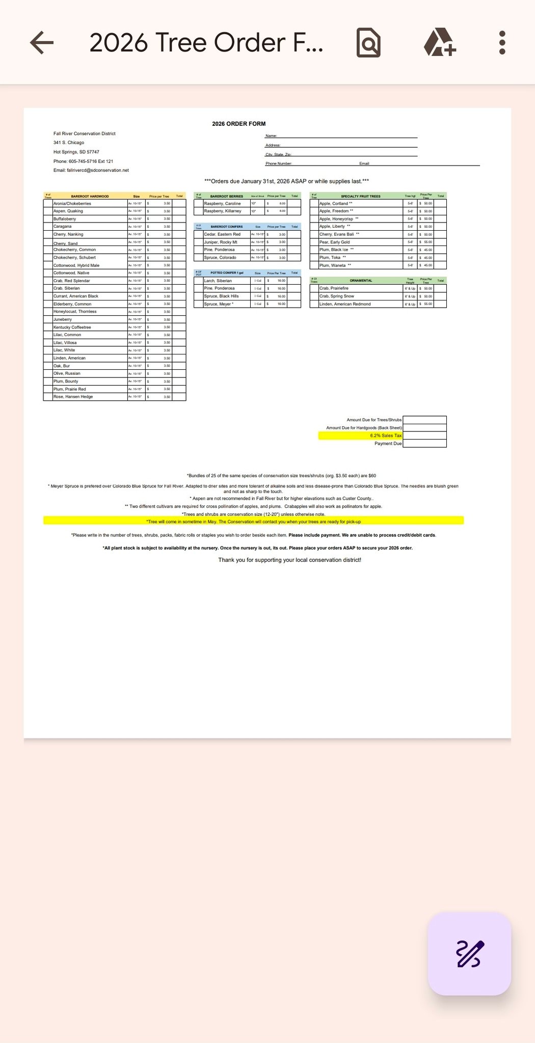 Fall - 2026 Tree Order Forms are finalized! Important Note: The office ...