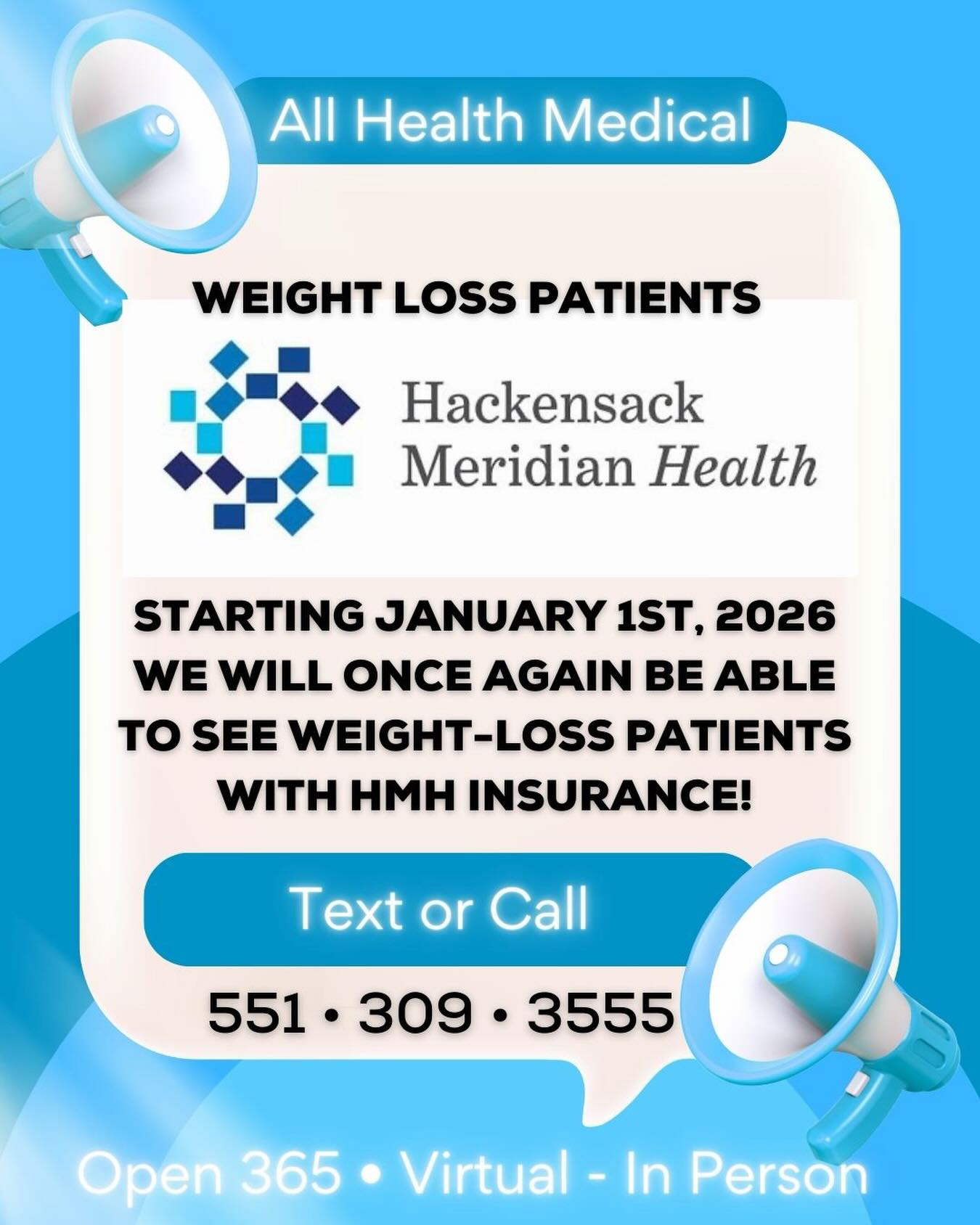 Excited to announce 📣 All Health Medical will now be able to see weight loss patients with HMH insurance again starting Jan 1st 2026 🎉 As always, All Health Medical is the