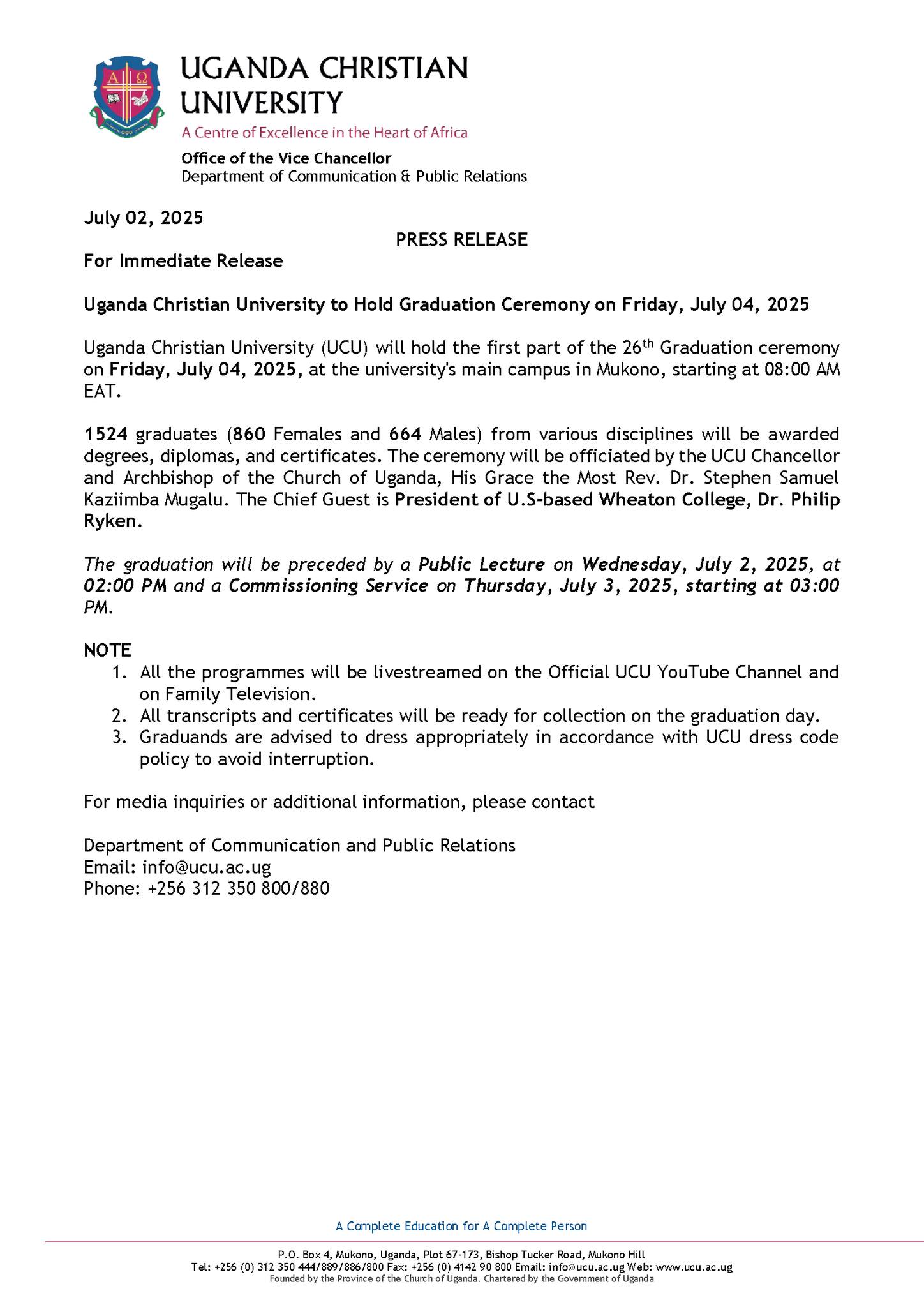 Press Release: UCU will... - Uganda Christian University | Facebook