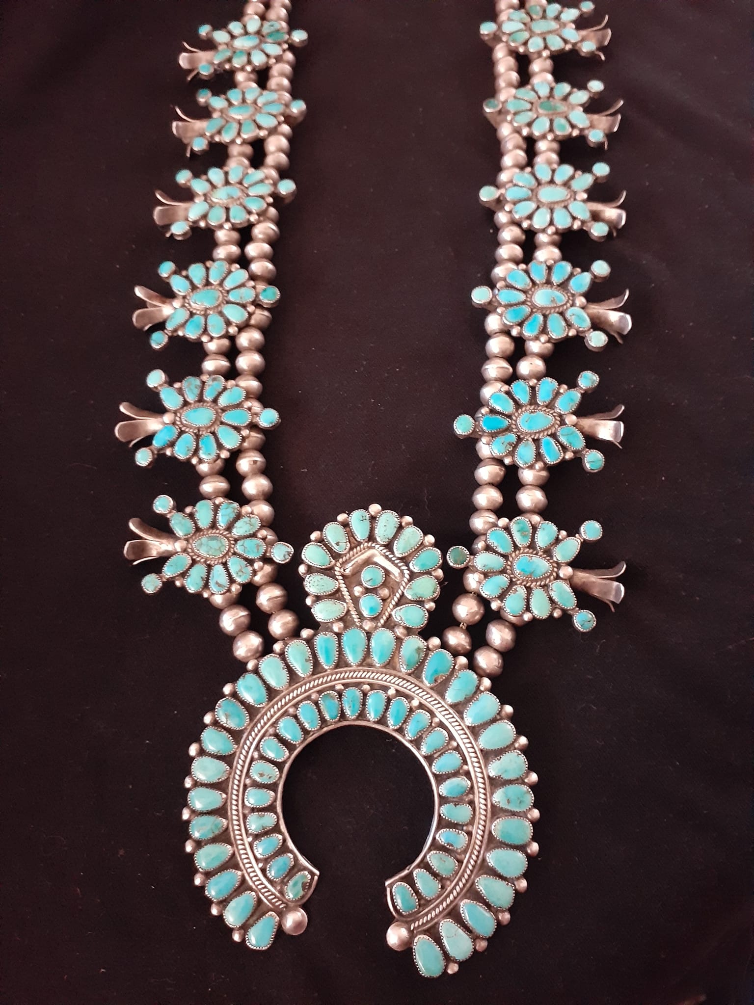 Vintage Zuni cluster squash blossom necklace by Doris & Warren