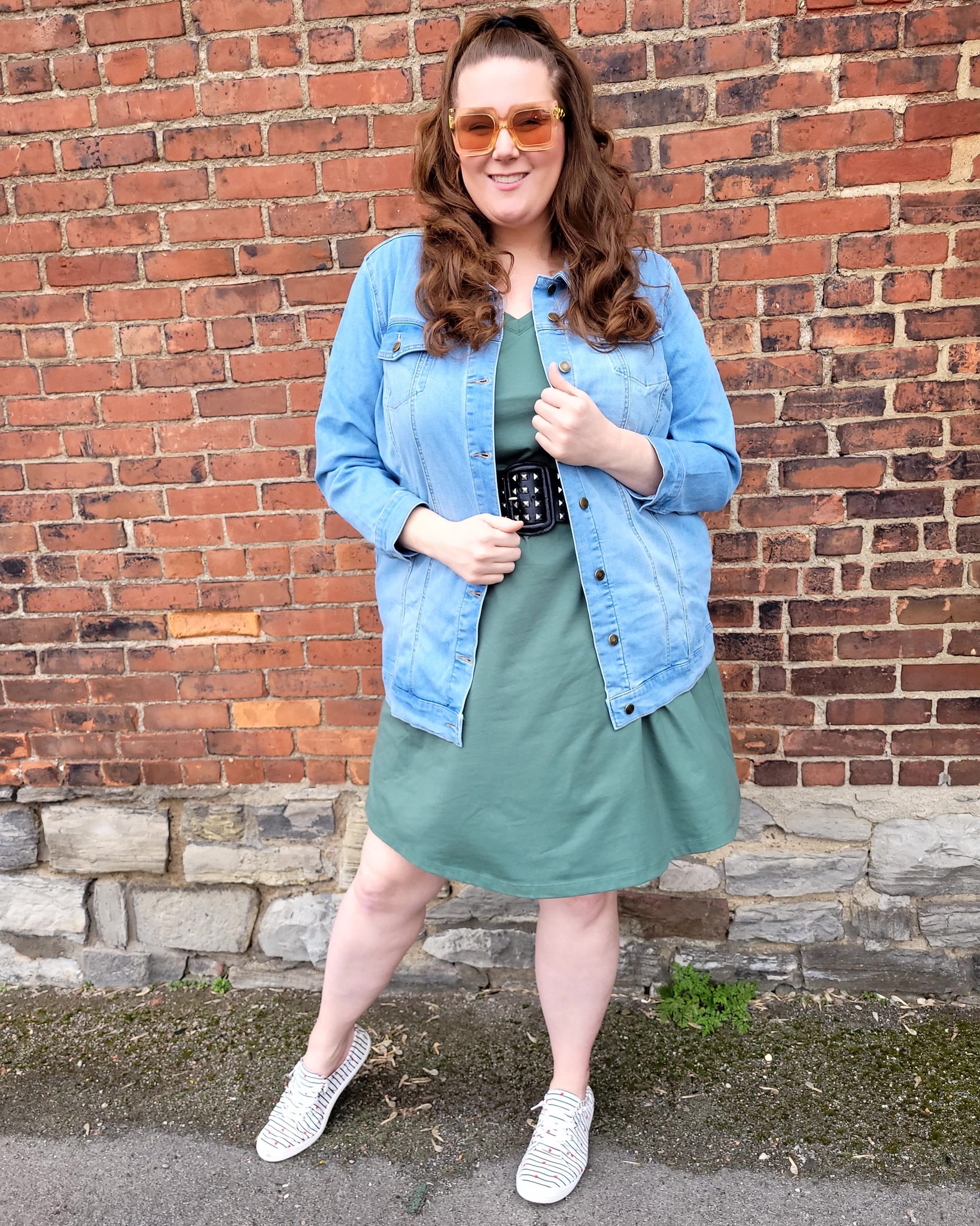 Spring vibes and denim dreams 🌼✨ @sincerely.shannonmarie is serving looks in the Perfect Crew Neck Tee Dress and Long Stretch Denim Jacket! Perfect pieces for endless outfit combos this season! 💖👗🧥 #WomanWithin #