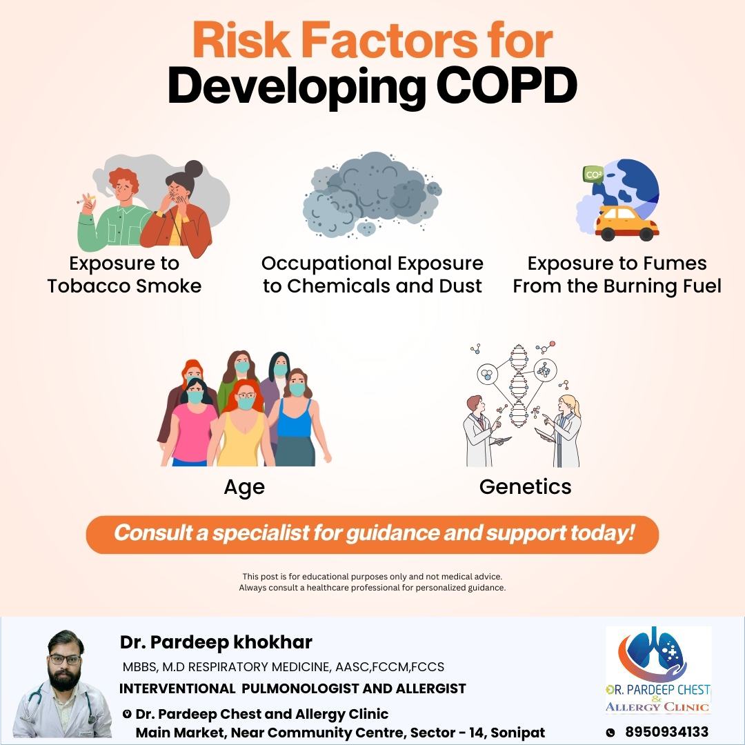 Chronic Obstructive Pulmonary Disease (COPD) risk increases with exposure to tobacco, smoke, chemicals, dust, burning fuels, certain occupational hazards, age, and genetic factors. Knowing these risk factors early helps in prevention and
