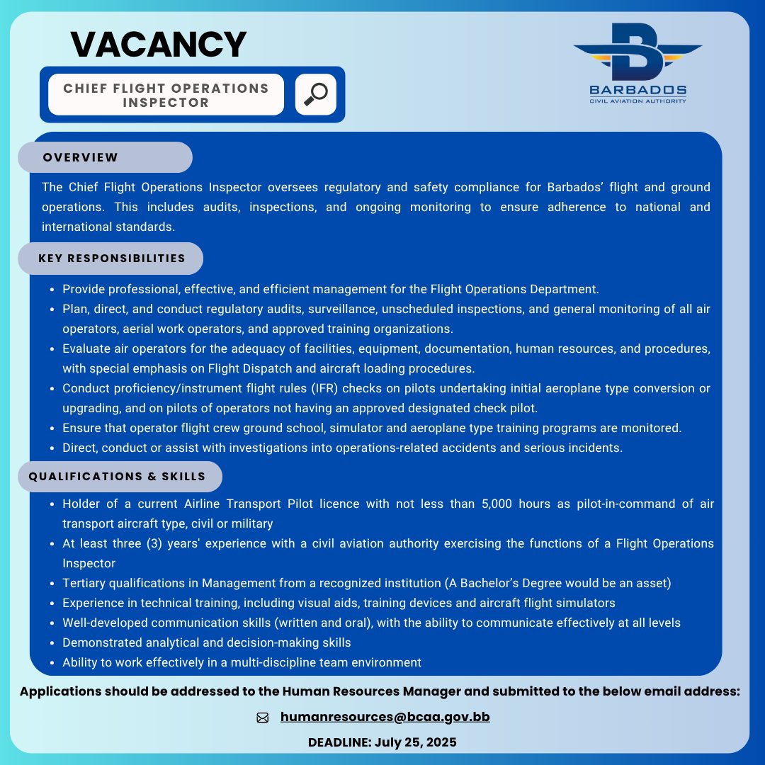 JOBS - Chief Flight Operations Inspector - Barbados Civil Aviation ...