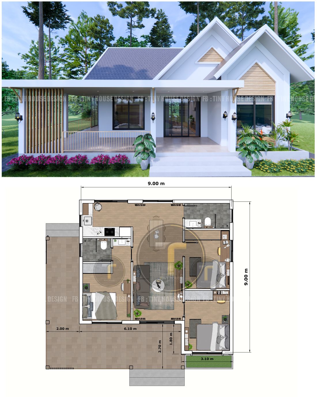 Tiny - House plan 9 x 9 Meters 3Bedrooms 🏡 🤍 | Facebook