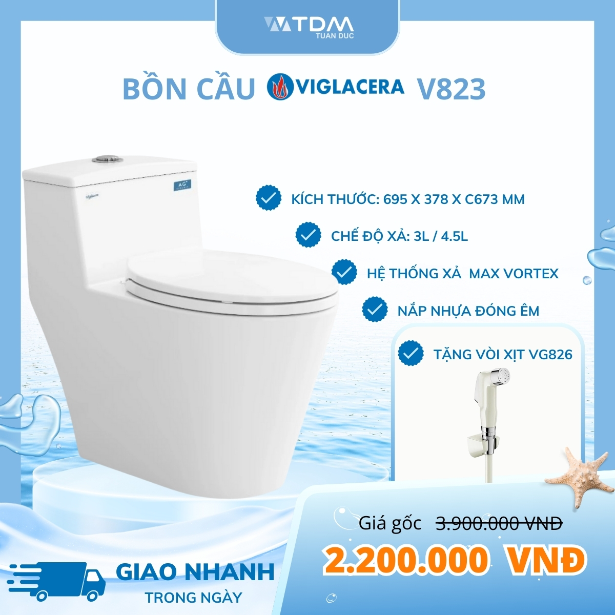 TDM - Bồn Cầu Viglacera V823 Nắp Êm 1 Khối + Vòi Xịt VG826 https://www ...