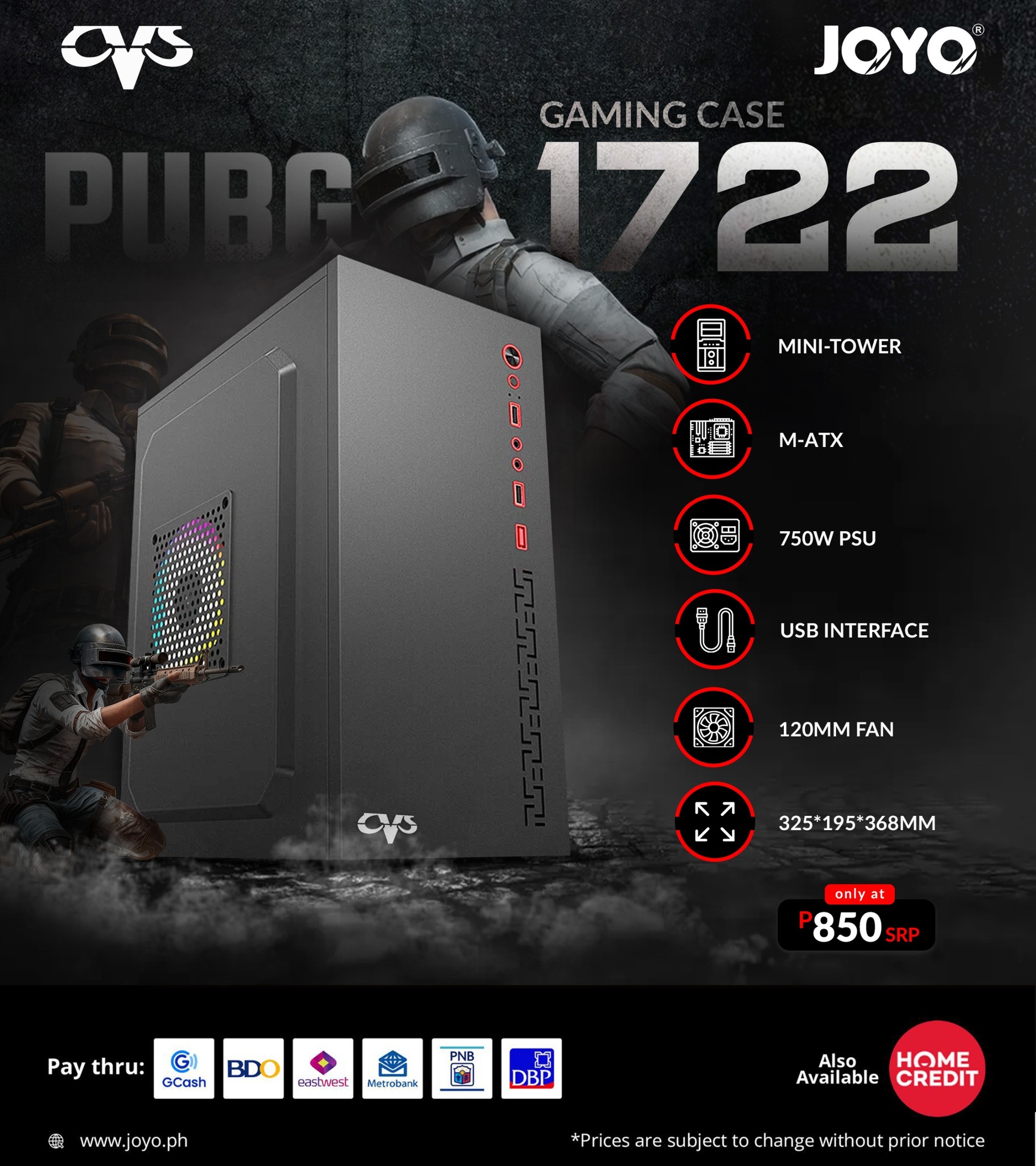 JOYO - 𝐂𝐕𝐒 𝟏𝟕𝟐𝟐 𝐆𝐀𝐌𝐈𝐍𝐆 𝐂𝐀𝐒𝐄 🗄️ ⚡Mini-Tower ⚡M-Atx ⚡With 750W PSU ⚡USB ...