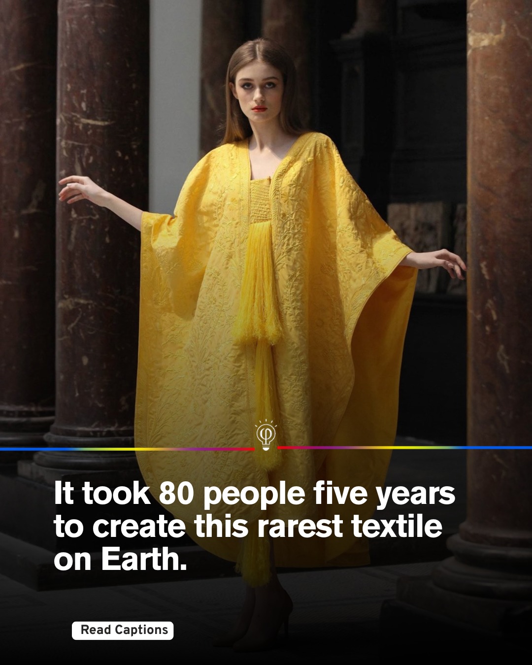 golden orb dress It looks like gold, but it's actually spider silk. To make this single cape, silk was carefully collected from over 1.2 million orb-weaver spiders in Madagascar. Each spider was gently “milked” EDC