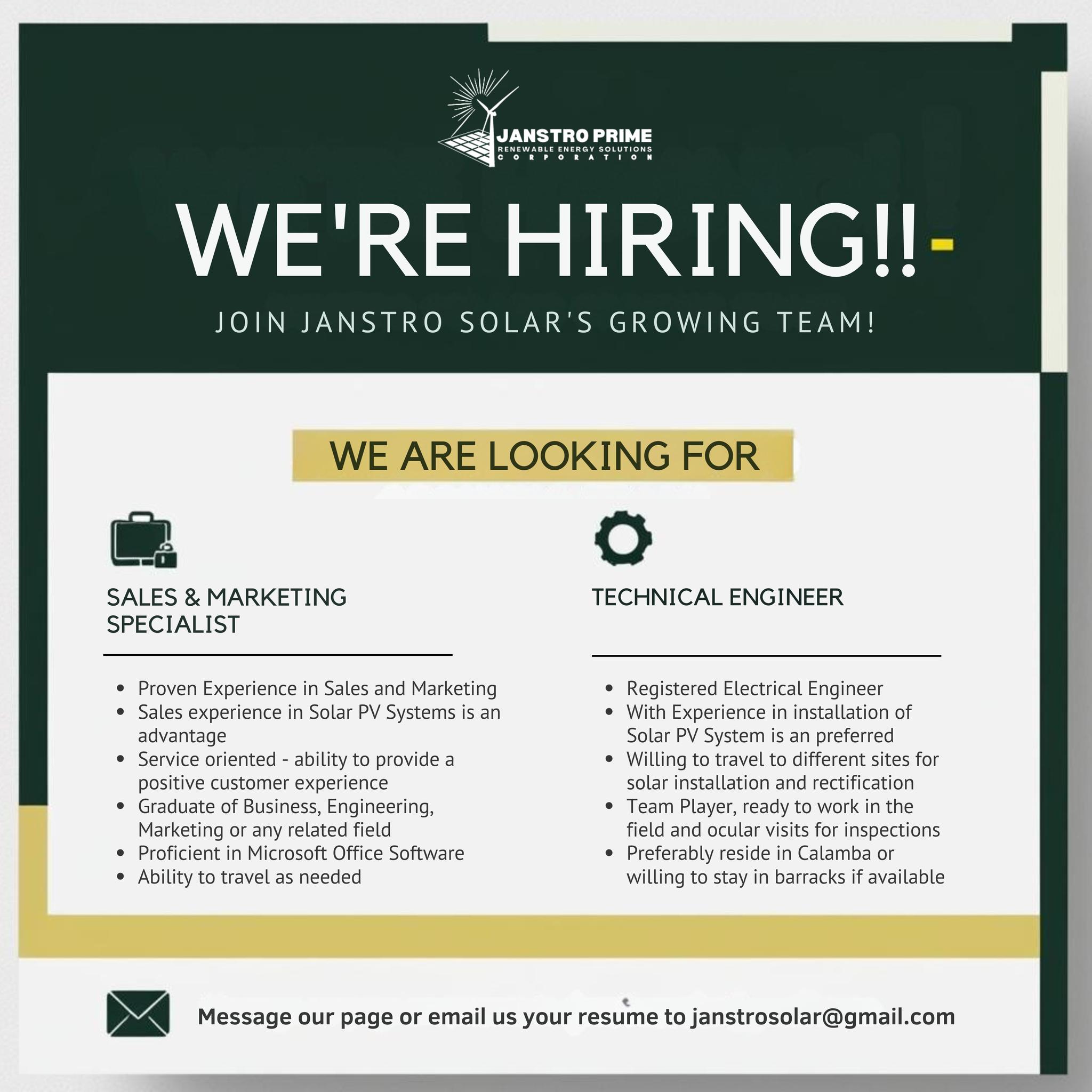 Janstro Solar - 🌞 WE'RE HIRING! 🌞 Join Janstro Prime... | Facebook