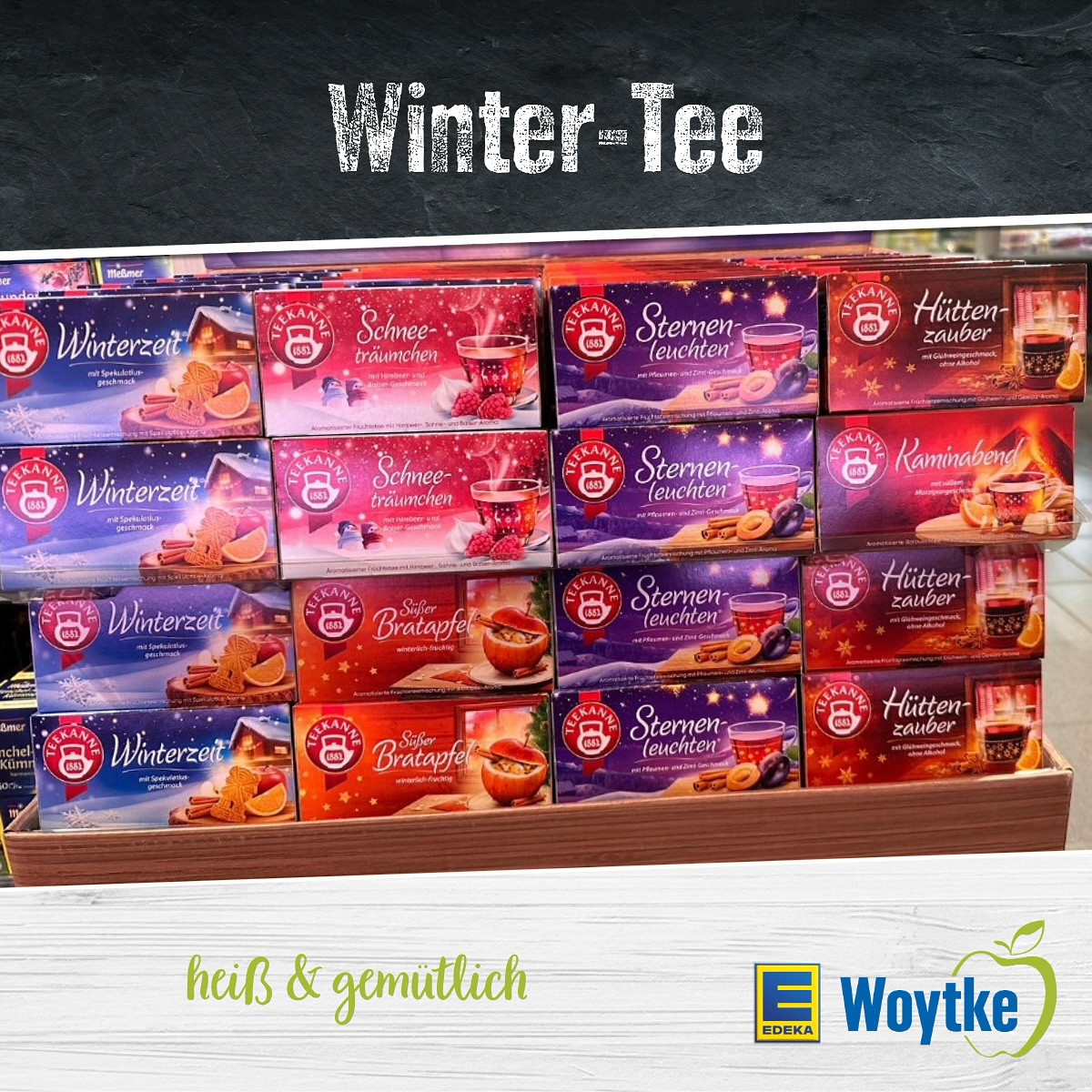 Endlich Winter! ❄️ Mit dem unverwechselbaren Winter-Tee von Teekanne wird euch warm ums Herz. Die weihnachtlichen Geschmacksrichtungen versetzen euch in Vorfreude auf die gemütliche Zeit des Jahres un