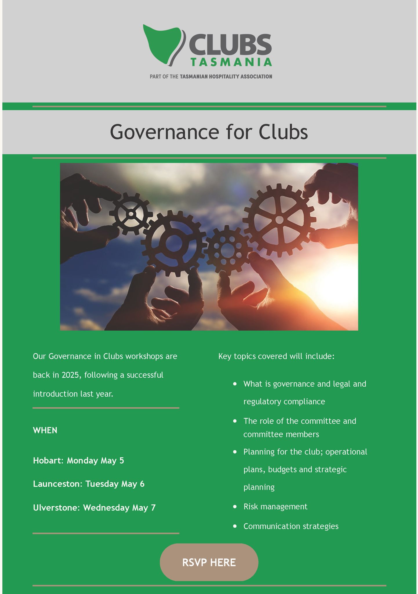 Bowls - GOVERNANCE IN CLUBS WORKSHOPS 5 May – 7 May 2025 Clubs Tasmania ...