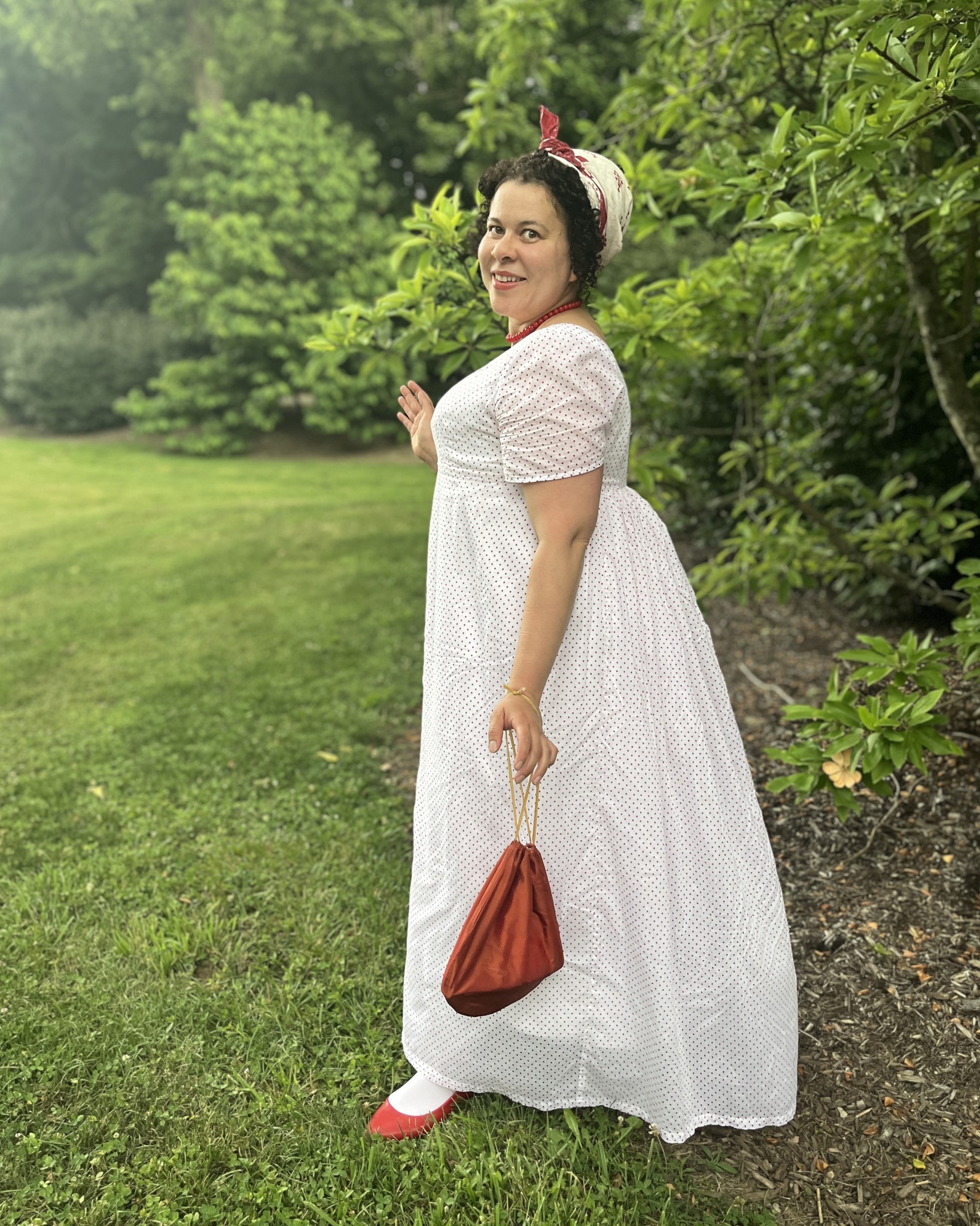 Regency gown made from red spotted cotton muslin