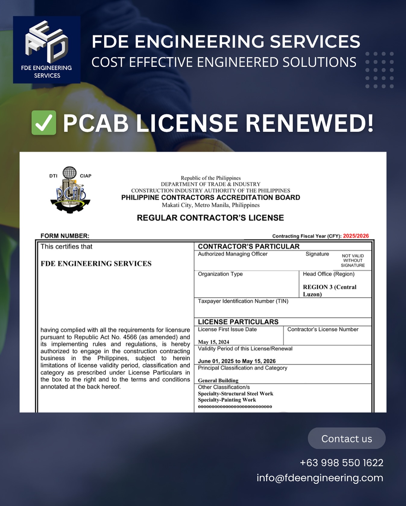 FDE - We are proud to share that our PCAB license has been successfully ...