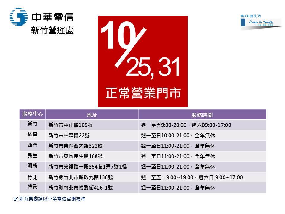 中華電信 新竹 報報 中華電信 新竹營運處 10 25 10 31 以下7家門市正常營業唷 別走錯了唷 Facebook