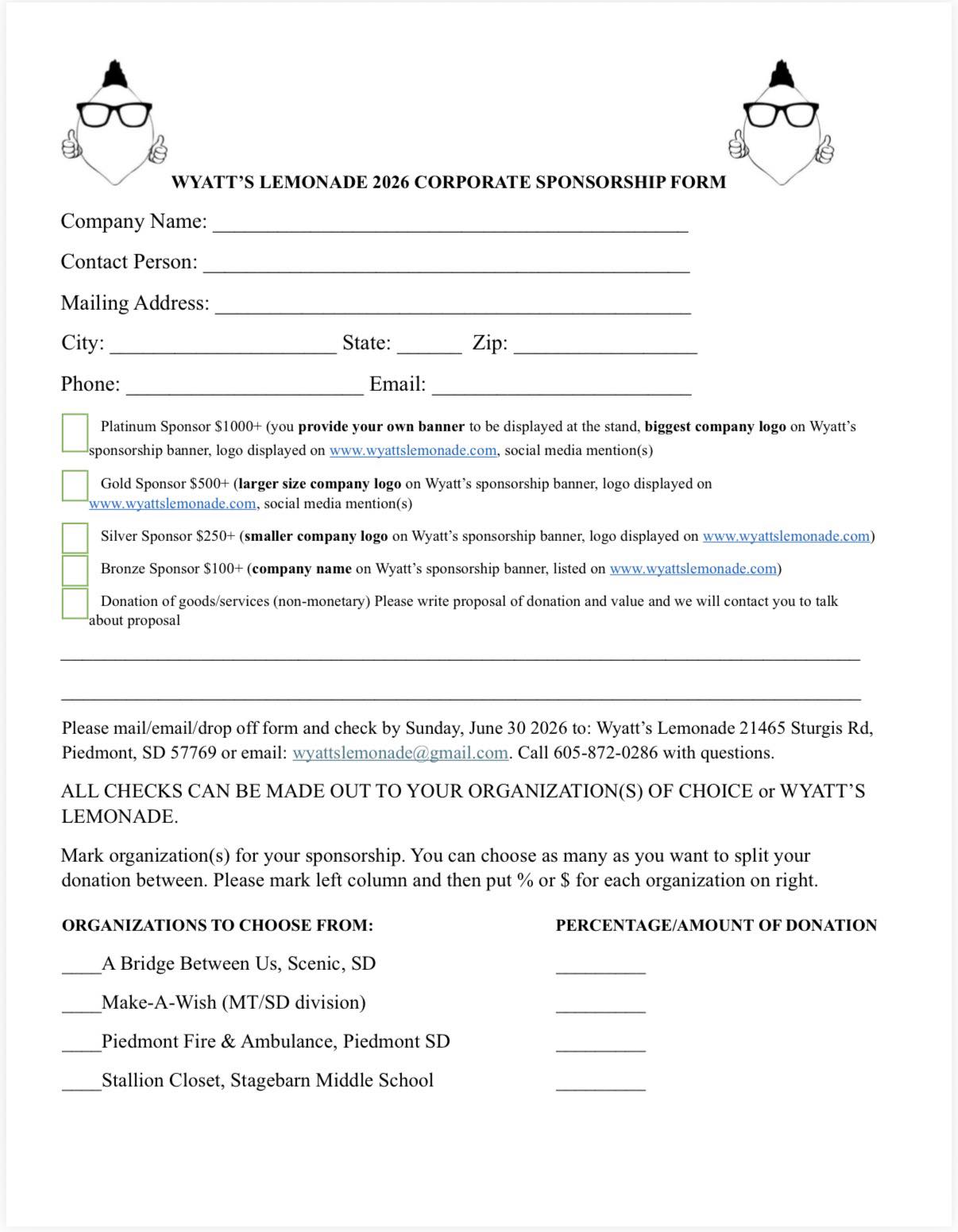 Wyatt’s - 2026 CORPORATE SPONSORSHIP FORMS 2026 Corporate Sponsorship ...