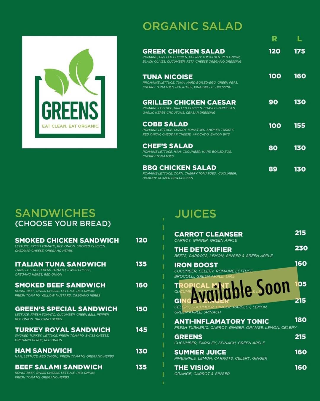 Here’s our menu!... - Greens - Eat Clean. Eat Organic. | Facebook