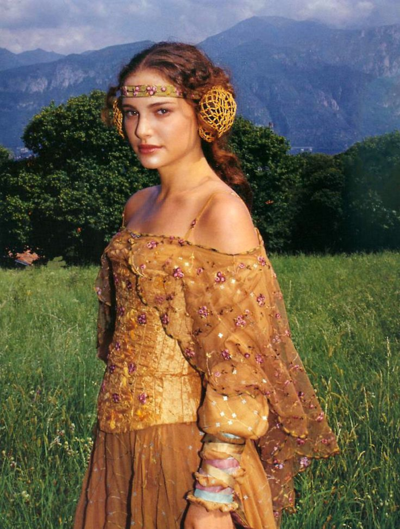 padme gold dress Padmé Amidala's intricate meadow is adorned with elaborate embroidery and embellishment. What's your favorite Padmé costume from the prequel films? Metal & Mesh