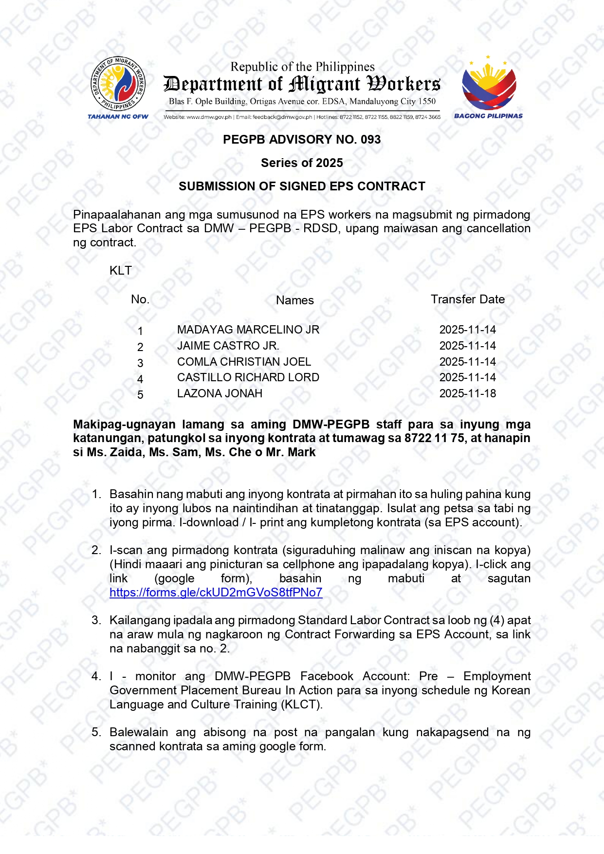 PEGPB ADVISORY NO. 093 Series of 2025 SUBMISSION OF SIGNED EPS CONTRACT ...