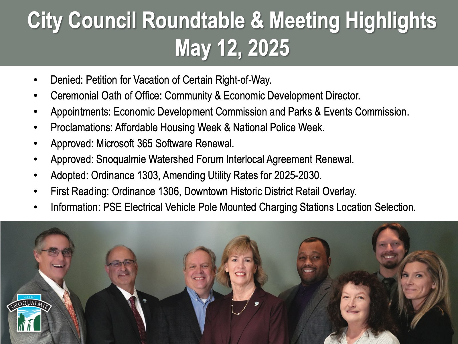 City - Here are the highlights from this week's Snoqualmie City Council ...