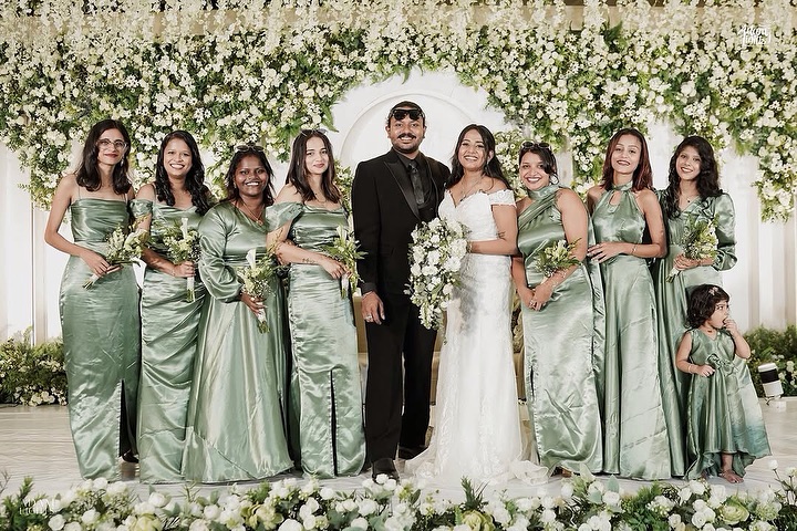 kerala wedding bridesmaid dresses Bridesmaids Steal the Show in Stunning Sage Green Satin at Dreamy Wedding!” The bridesmaids' outfits are elegant, floor-length satin dresses in a soft sage green color. Each dress features a unique filter_Size^12 Airy Sky Blue Strapless SIZE:7/8Y (32)