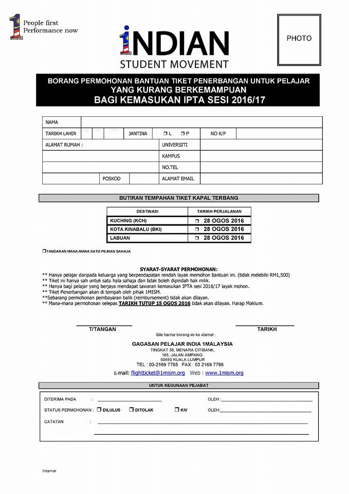 Malaysian Indian Student Movement 1malaysia Indian Student Movement 1mism Flight Ticket Assistance For Ipta Intake Session 2016 2017 Is Out Now Download The Attached Form Fill Up And Email It To Flightticket 1mism Org