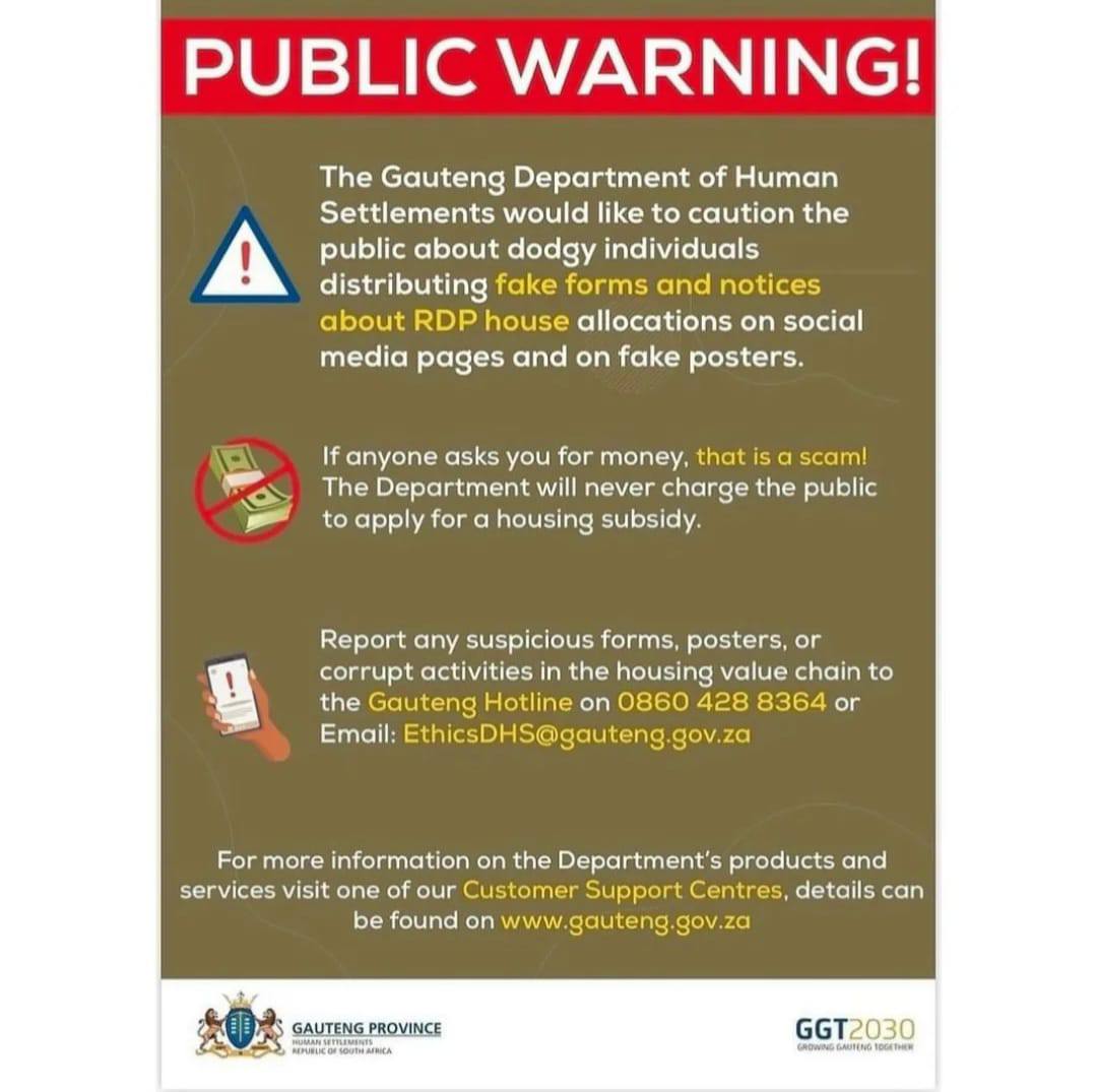 🚨 PUBLIC WARNING... - Gauteng Department of Human Settlements | Facebook