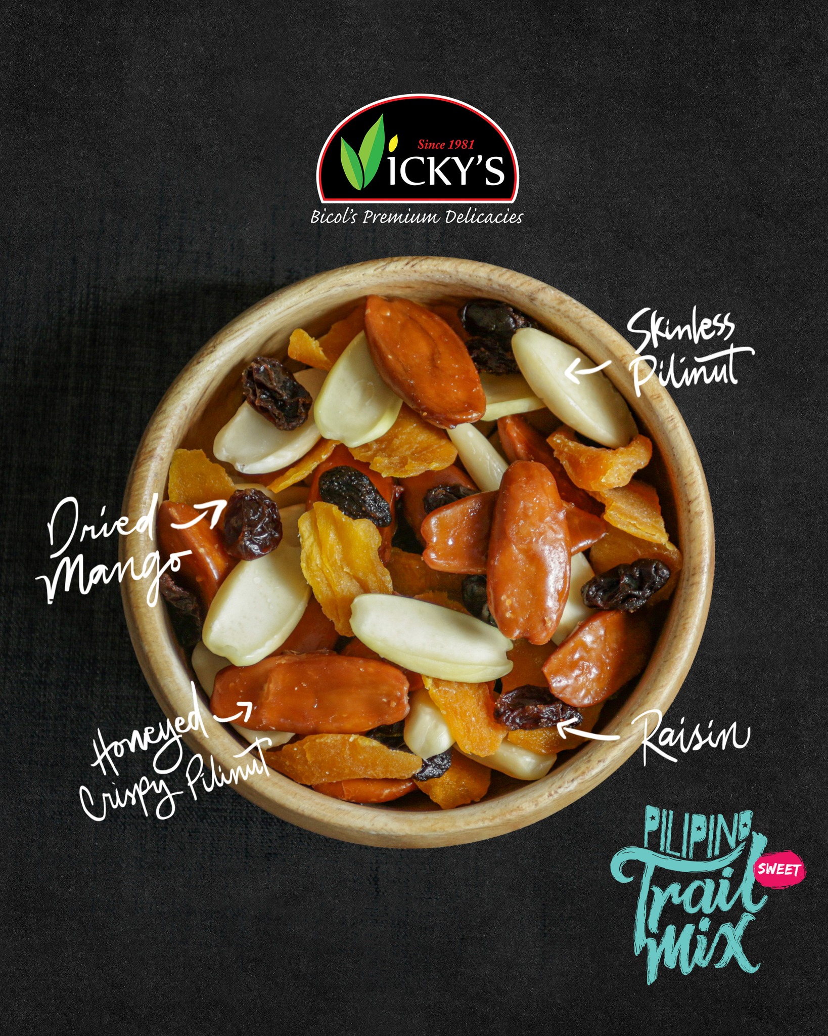 Vicky's - Skinless pili nuts, honeyed crispy pili, dried mangoes and ...