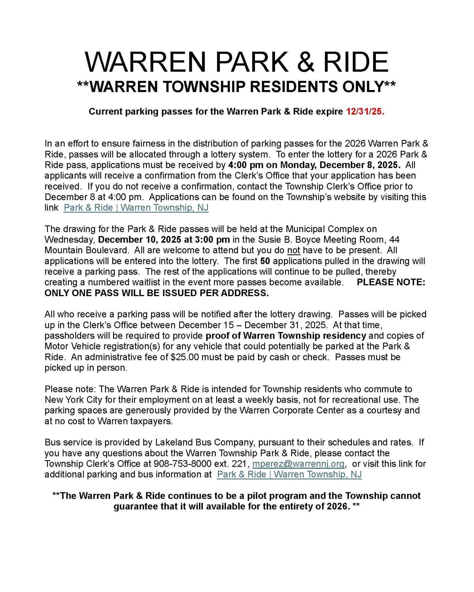 Warren - Important information regarding the Warren Park & Ride! For ...