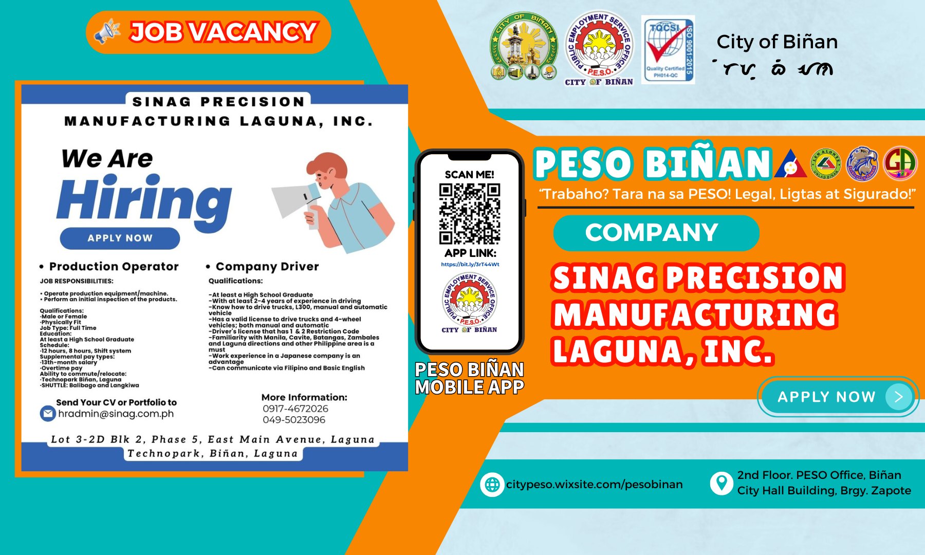 PESO - ‼ SINAG PRECISION MANUFACTURING LAGUNA, INC. is looking for: ‼ ...