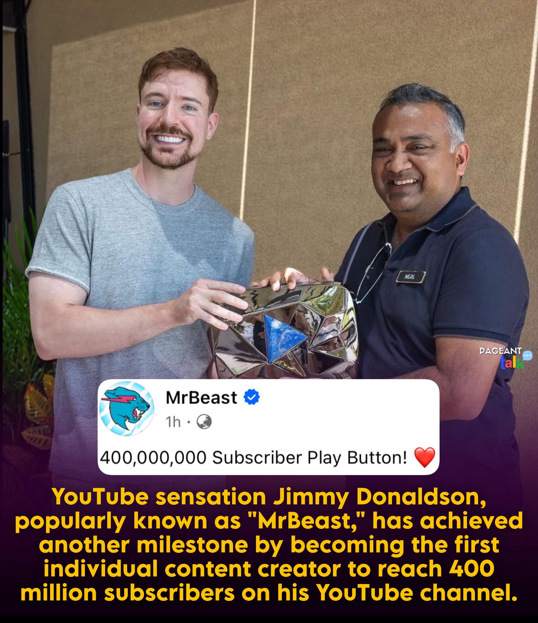 Pageant - MRBEAST GETS 400M PLAY BUTTON 🤯 YouTube sensation Jimmy ...