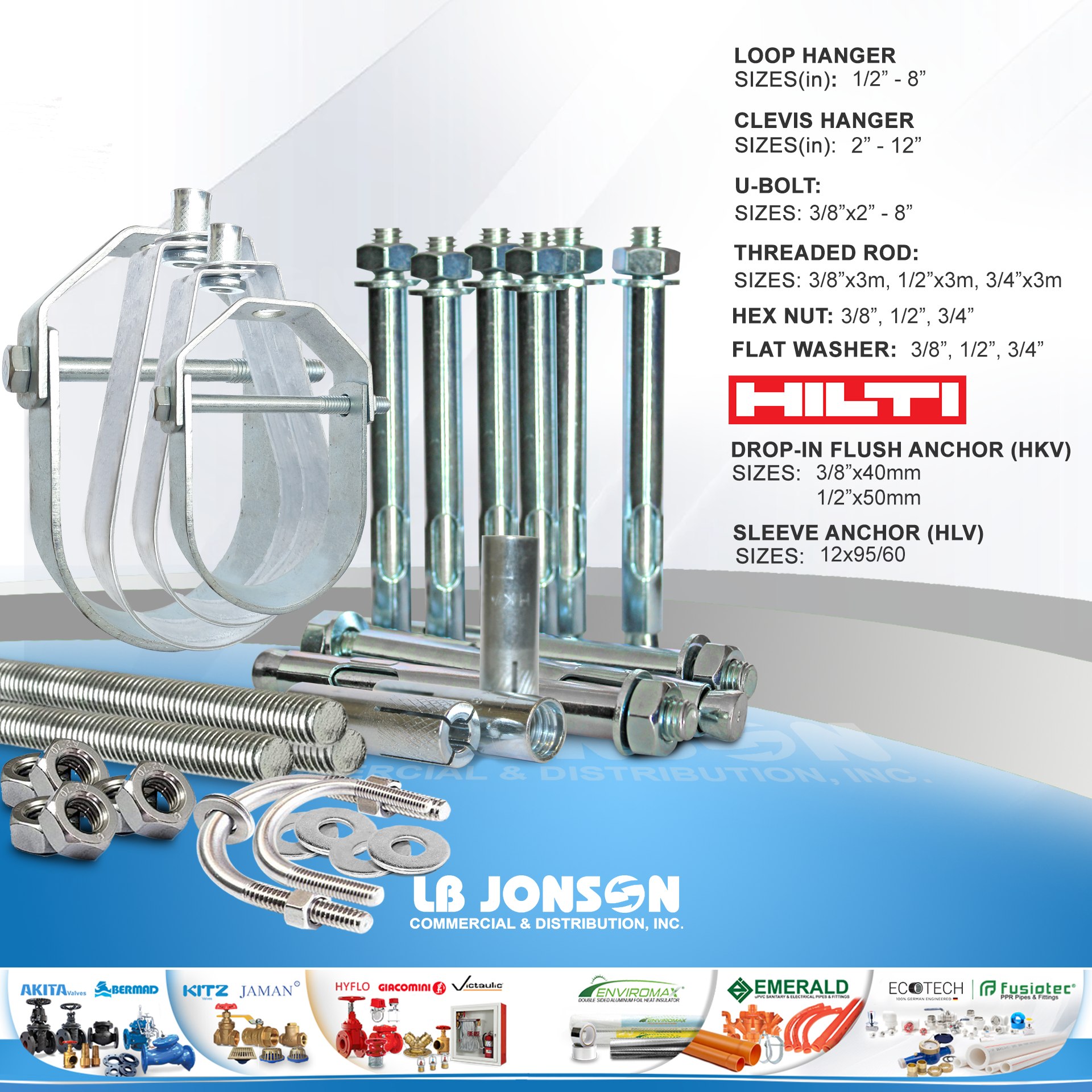 LB - Loop Hanger Clevis Hanger U-Bolt Threaded Rod, Hex nut & Flat ...