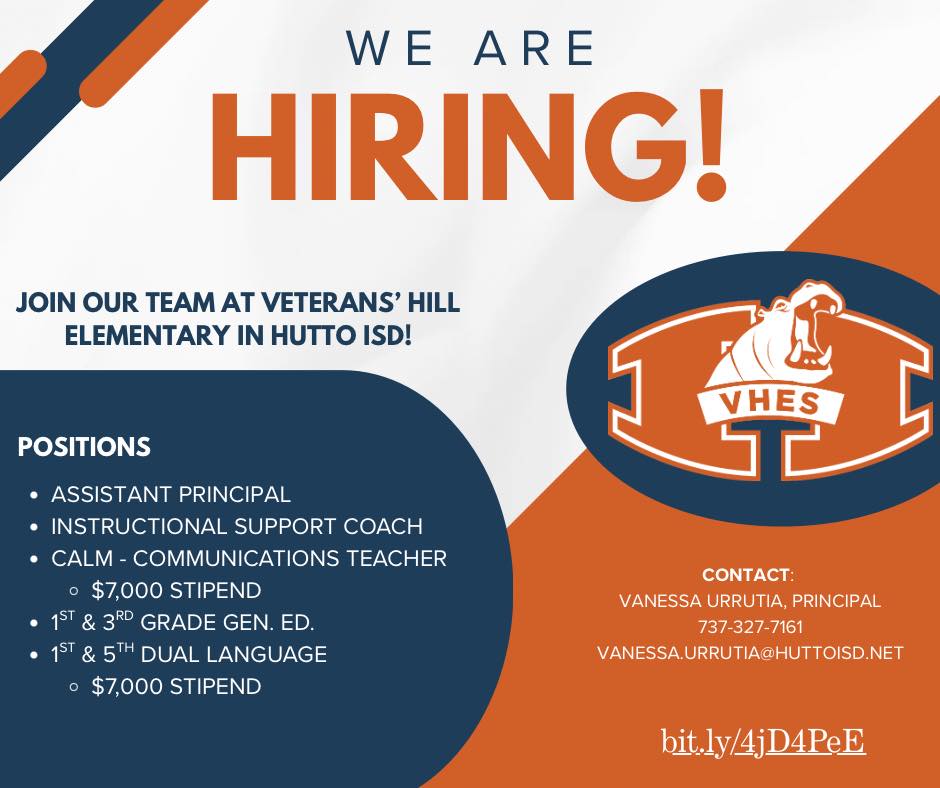 Veterans' - 🌟 We’re HIRING at Veterans’ Hill Elementary in Hutto ISD! 🌟 ...