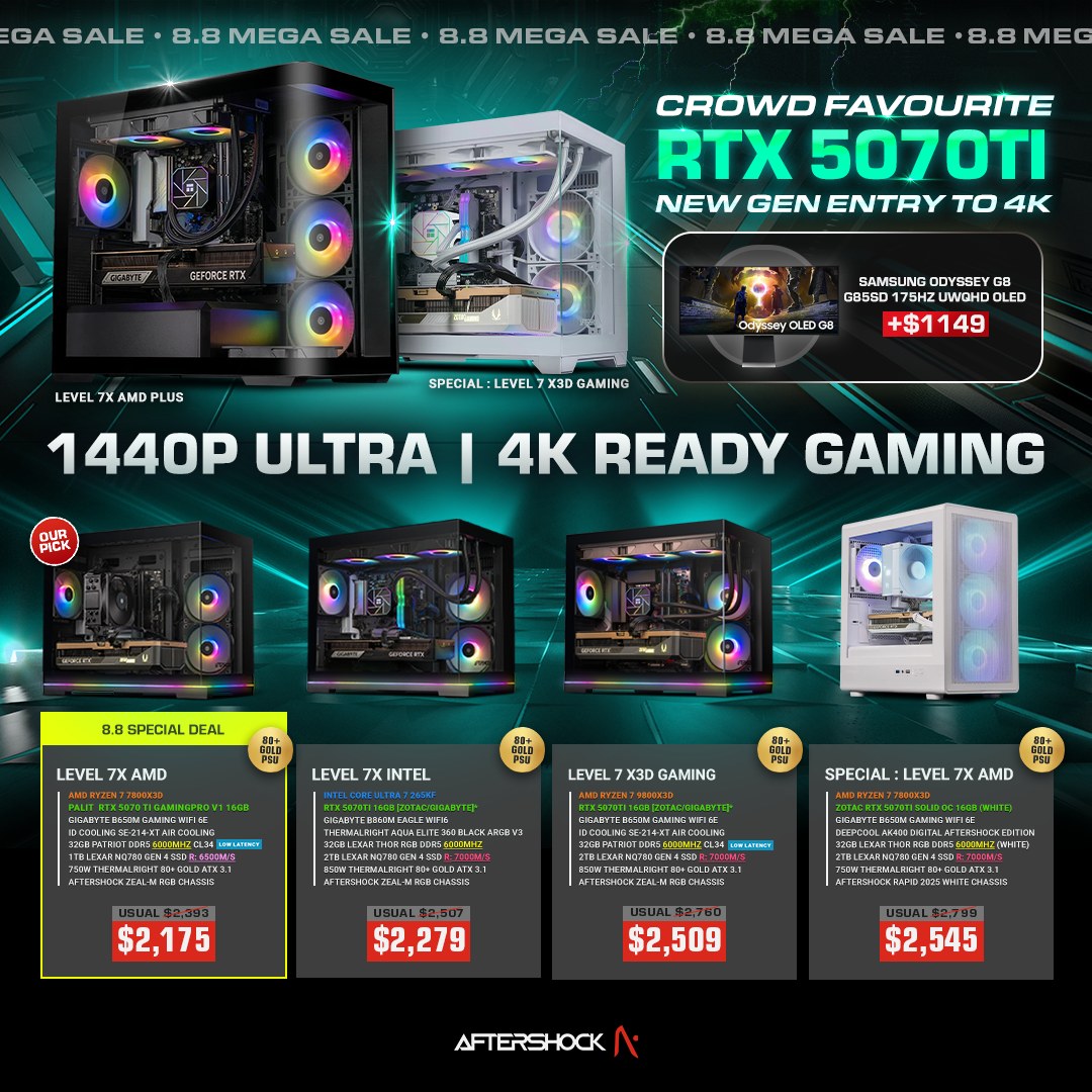 AFTERSHOCK - Level 7X AMD | Ryzen 7 7800X3D + GeForce RTX 5070 Ti https ...