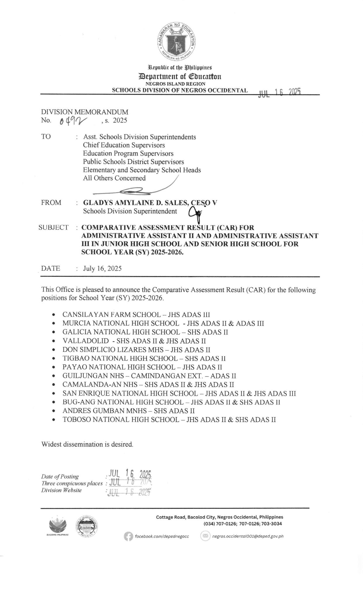 DEPED - DIVISION MEMORANDUM NO. 492 S. 2025 COMPARATIVE ASSESSMENT ...
