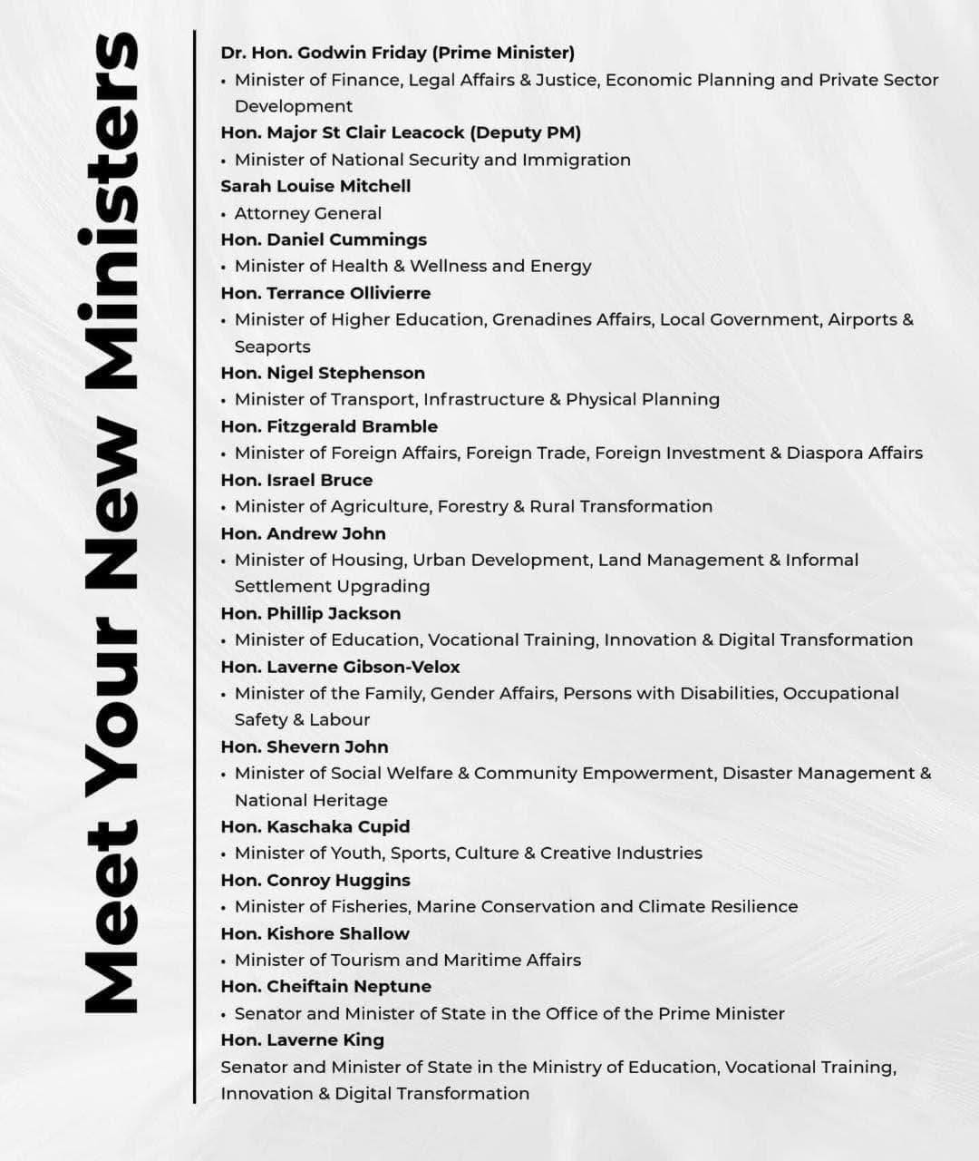 Office - The new cabinet of SVG has been officially sworn in. See below ...