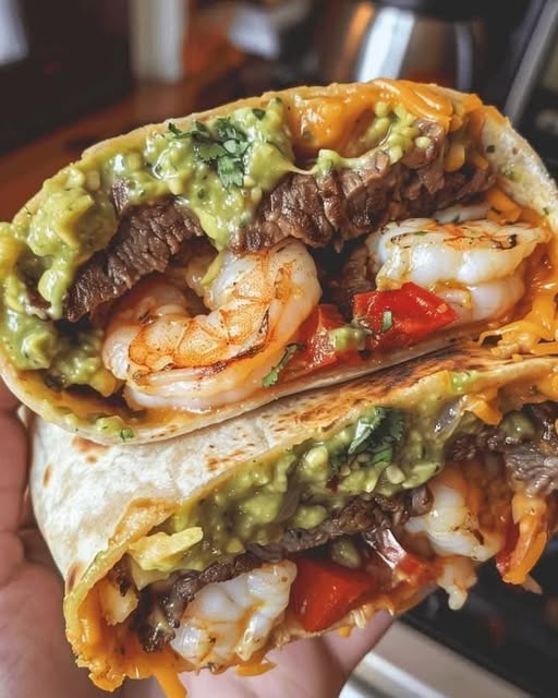 Empower - Surf and Turf Burrito 🌯🍤🥩 Ingredients: 1/2 lb shrimp, peeled ...