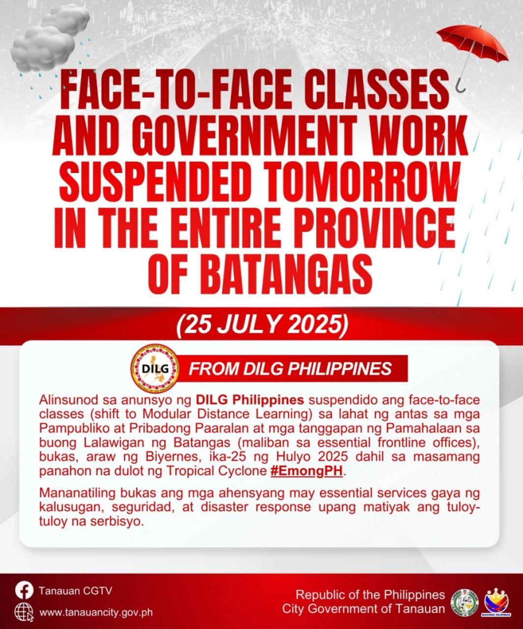Tanauan - #WalangPasok | Alinsunod sa anunsyo ng DILG Philippines