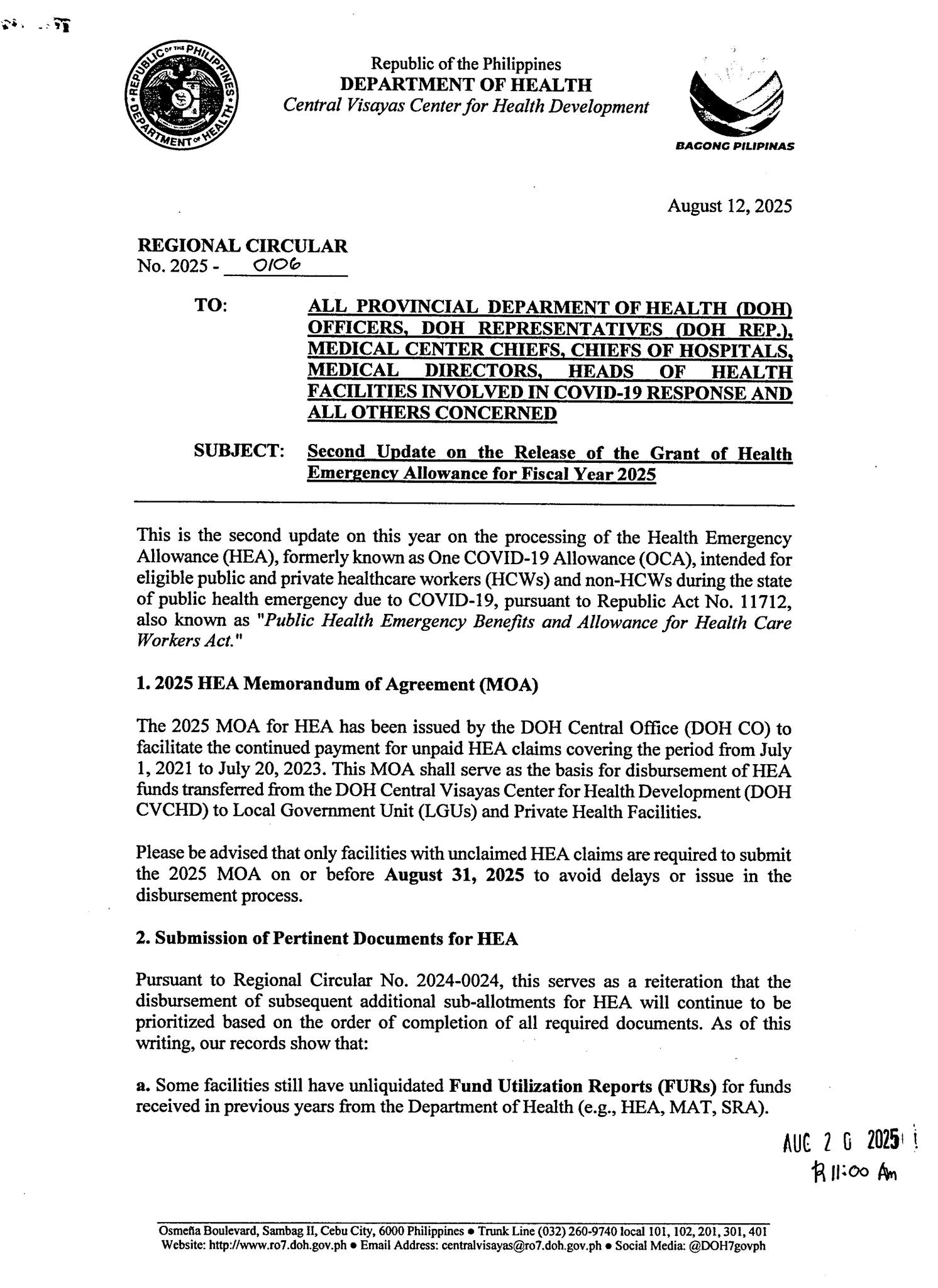 REGIONAL CIRCULAR | Second Update on the Release of the Grant of Health ...