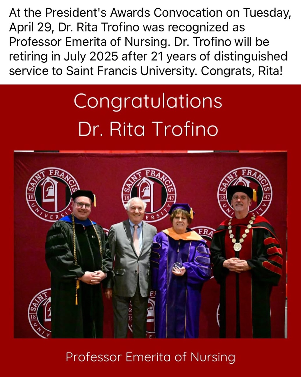 Saint - Congratulations to Dr. Rita Trofino, Nursing Department ...