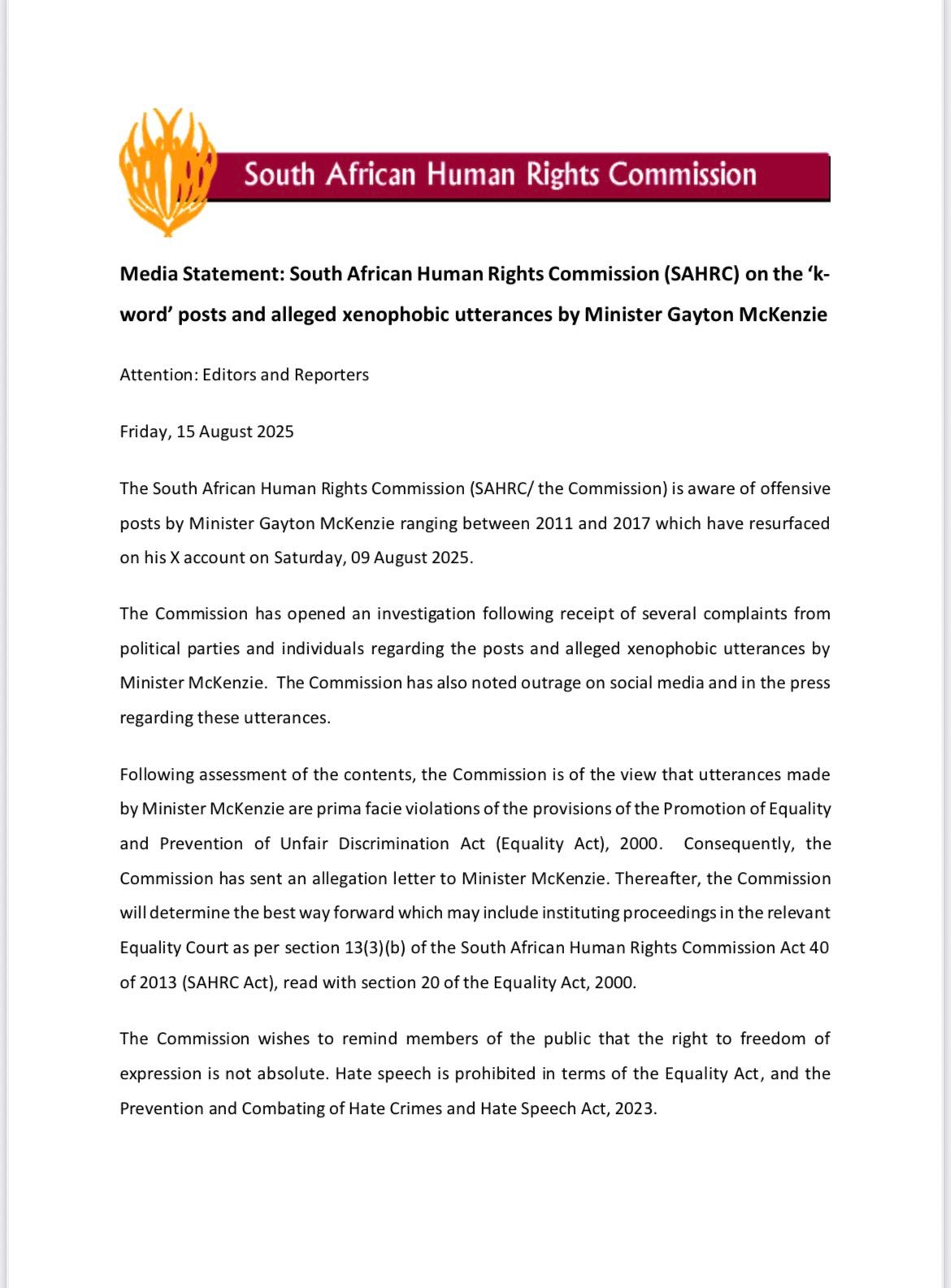 Media Statement: South... - SA Human Rights Commission | Facebook