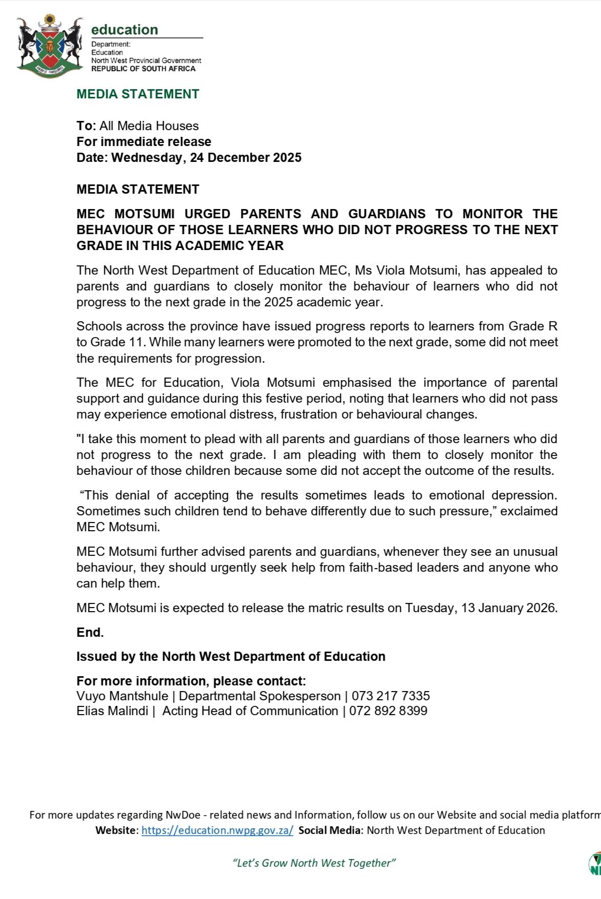 North West Department of Education | Mmabatho