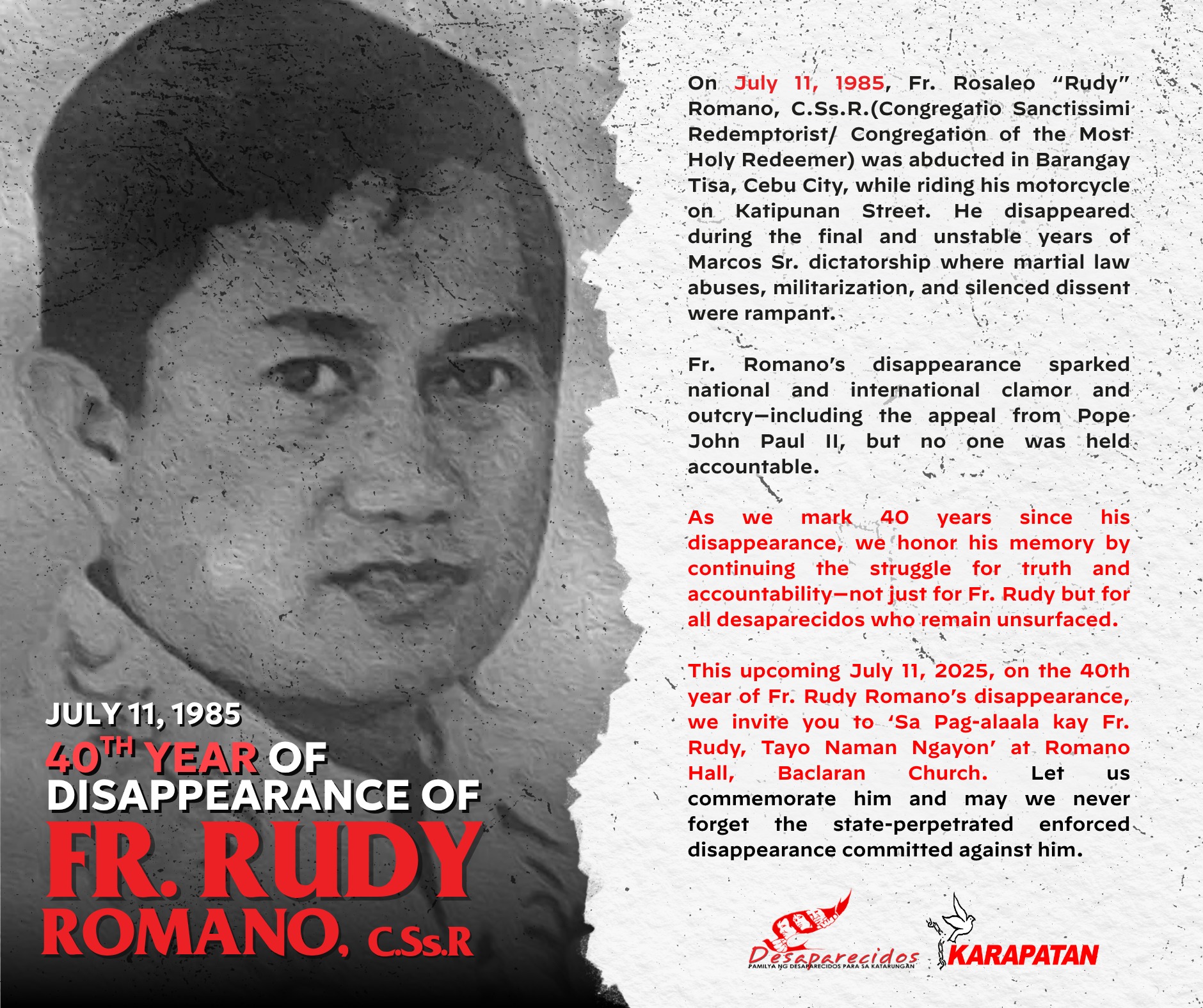Desaparecidos - 40 Years of Remembering Fr. Rudy Romano, C.Ss.R. On ...