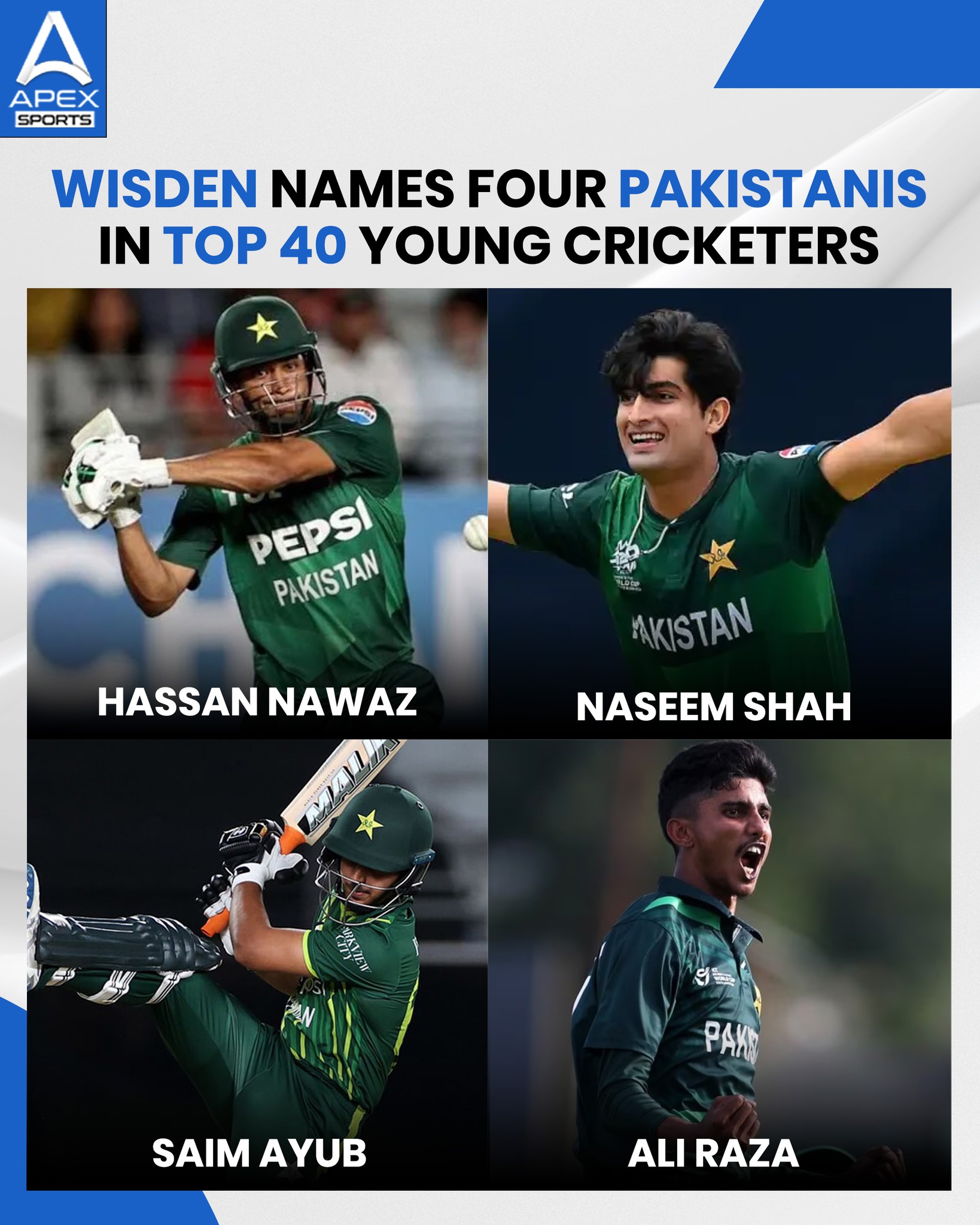 Apex Sports - 4 Pakistan young cricketers in Wisden's Top... | Facebook