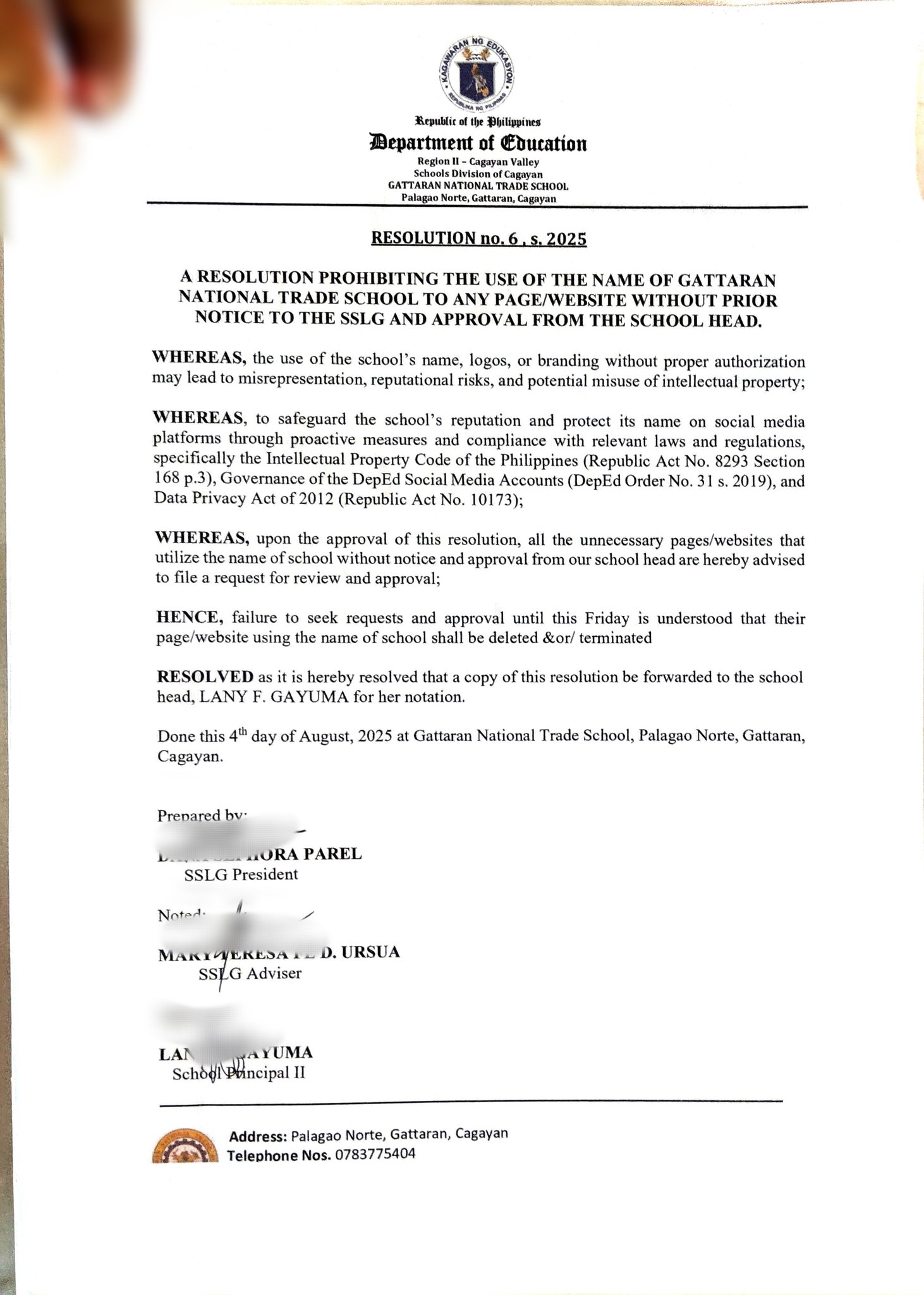 DepEd - RESOLUTION No. 6, s. 2025 A RESOLUTION PROHIBITING THE USE OF ...