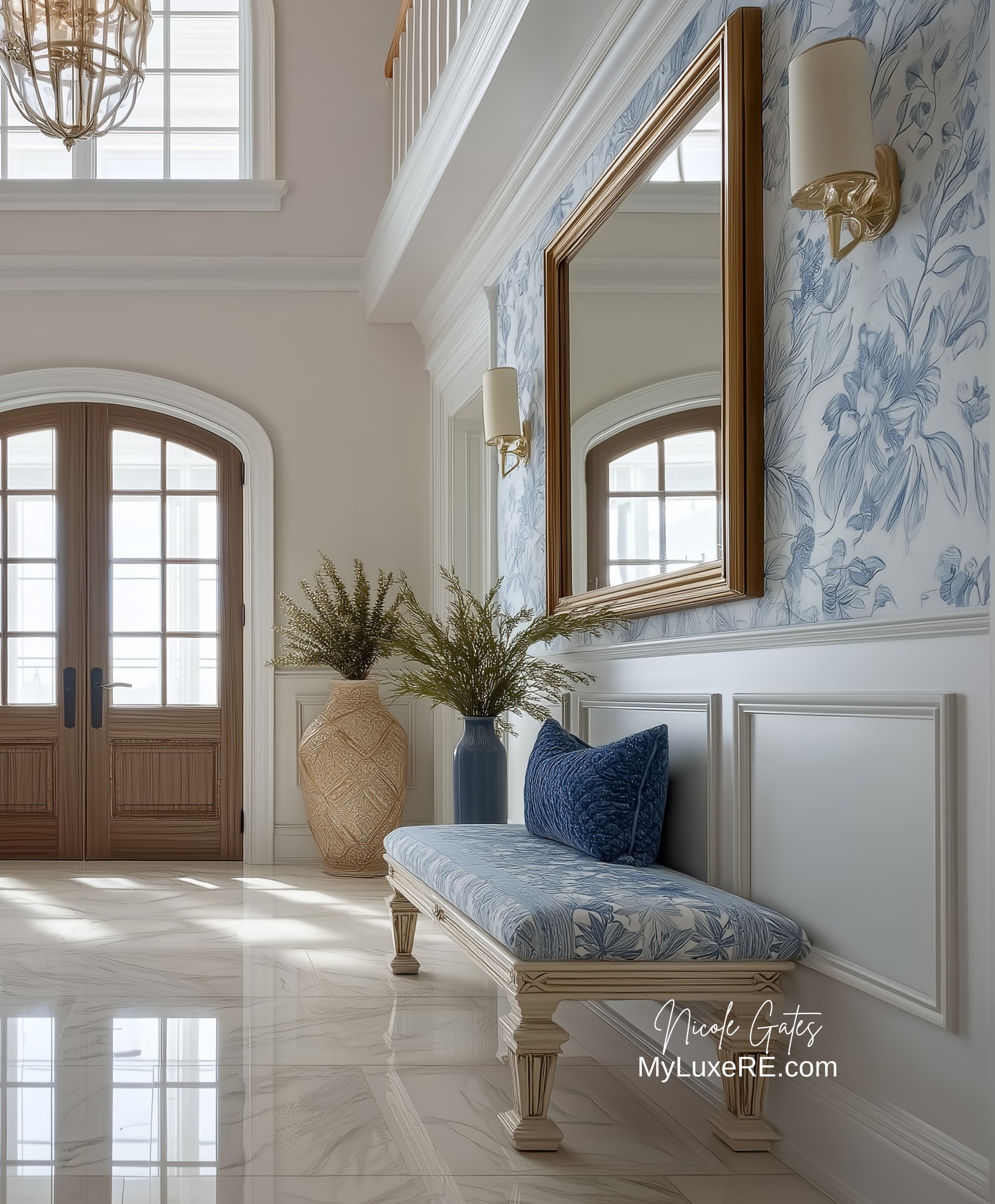 Nicole - Blue and White Entryway 🤎🩵 Would you add a large rug? 🩵 | Facebook