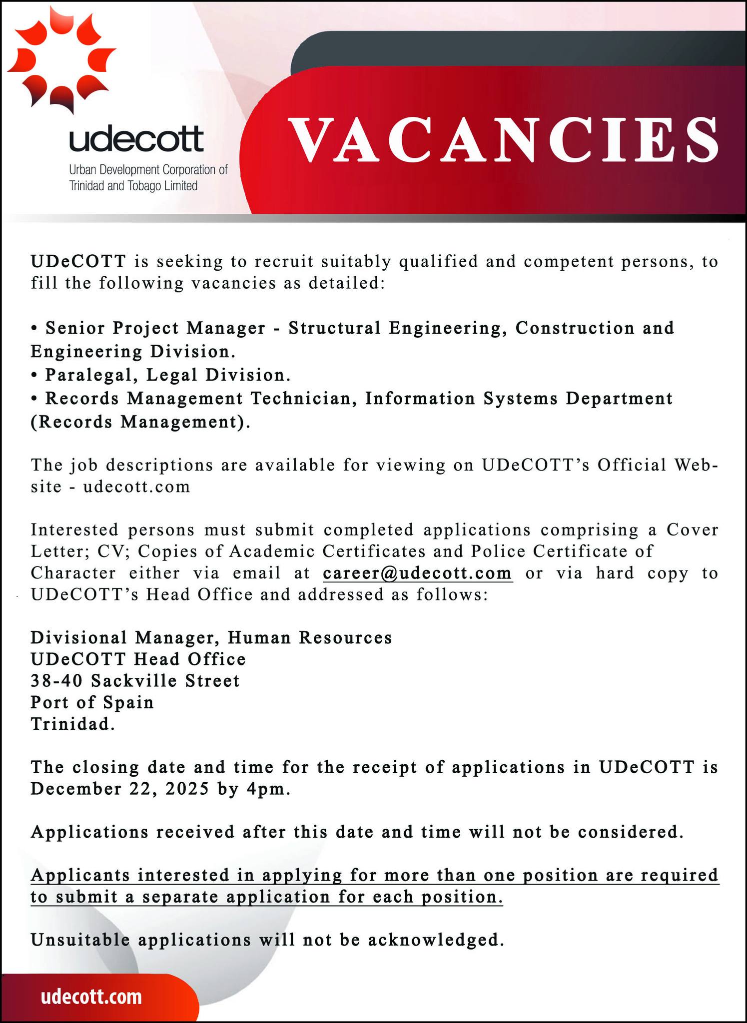 Vacancies ️ UDeCOTT is seeking to recruit suitably qualified and ...