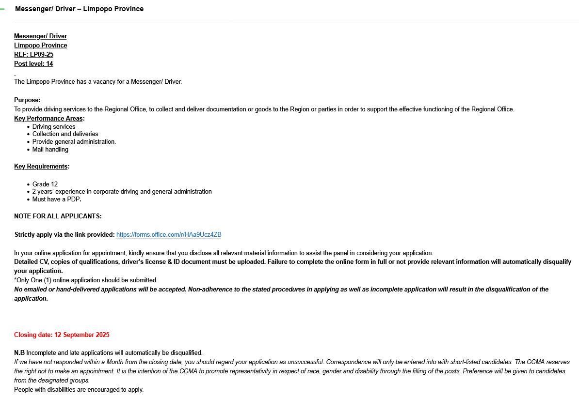 Mike - Messenger/ Driver CCMA Closing Date TODAY 12 September 2025 ...