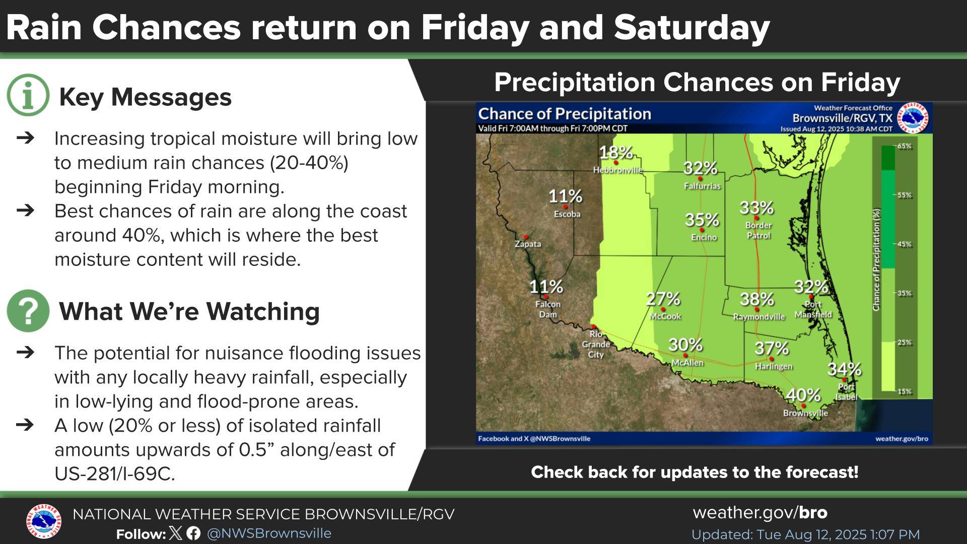 An influx of tropical moisture will bring low to medium rain chances ...