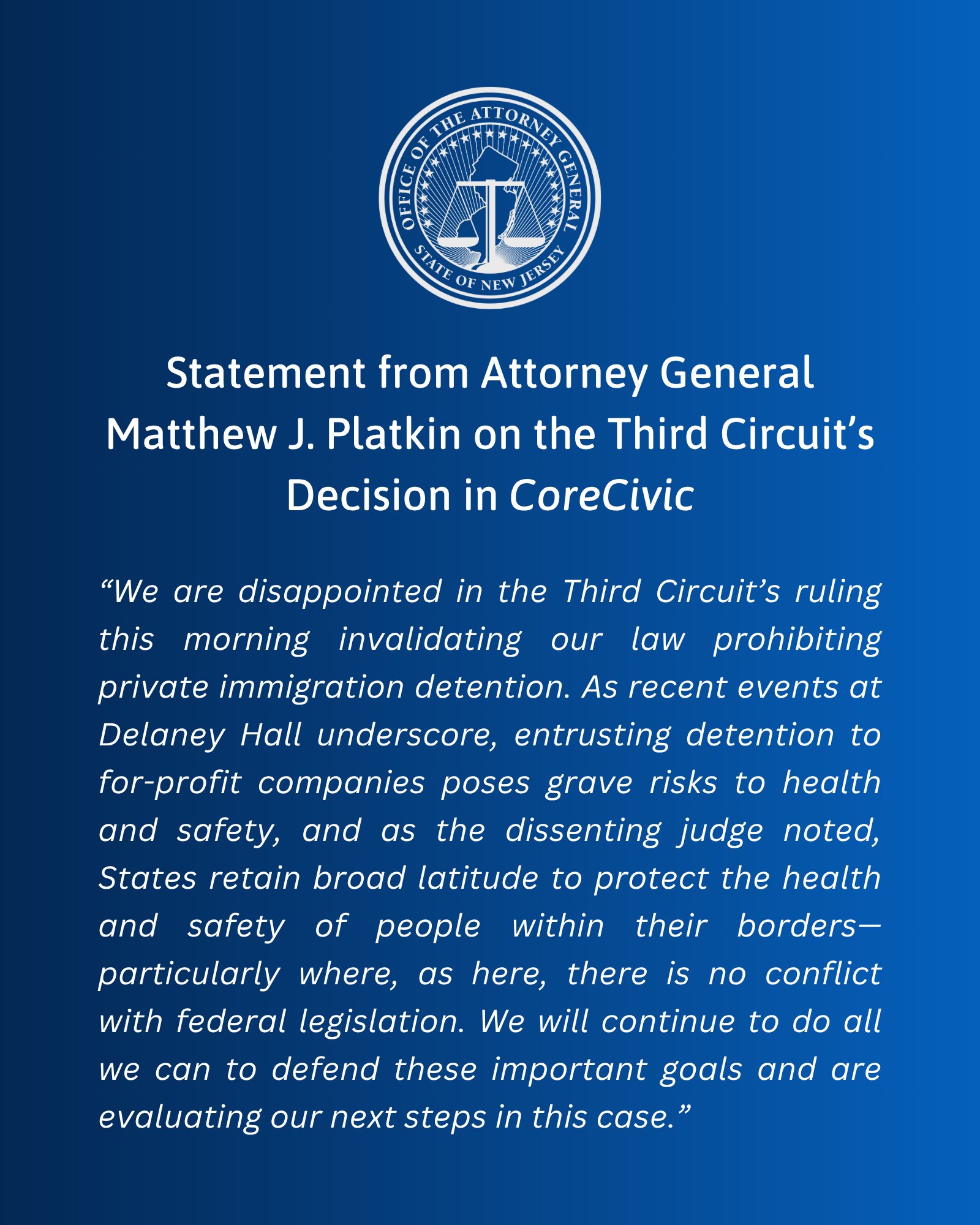 Statement from Attorney General Matthew J. Platkin on the Third 